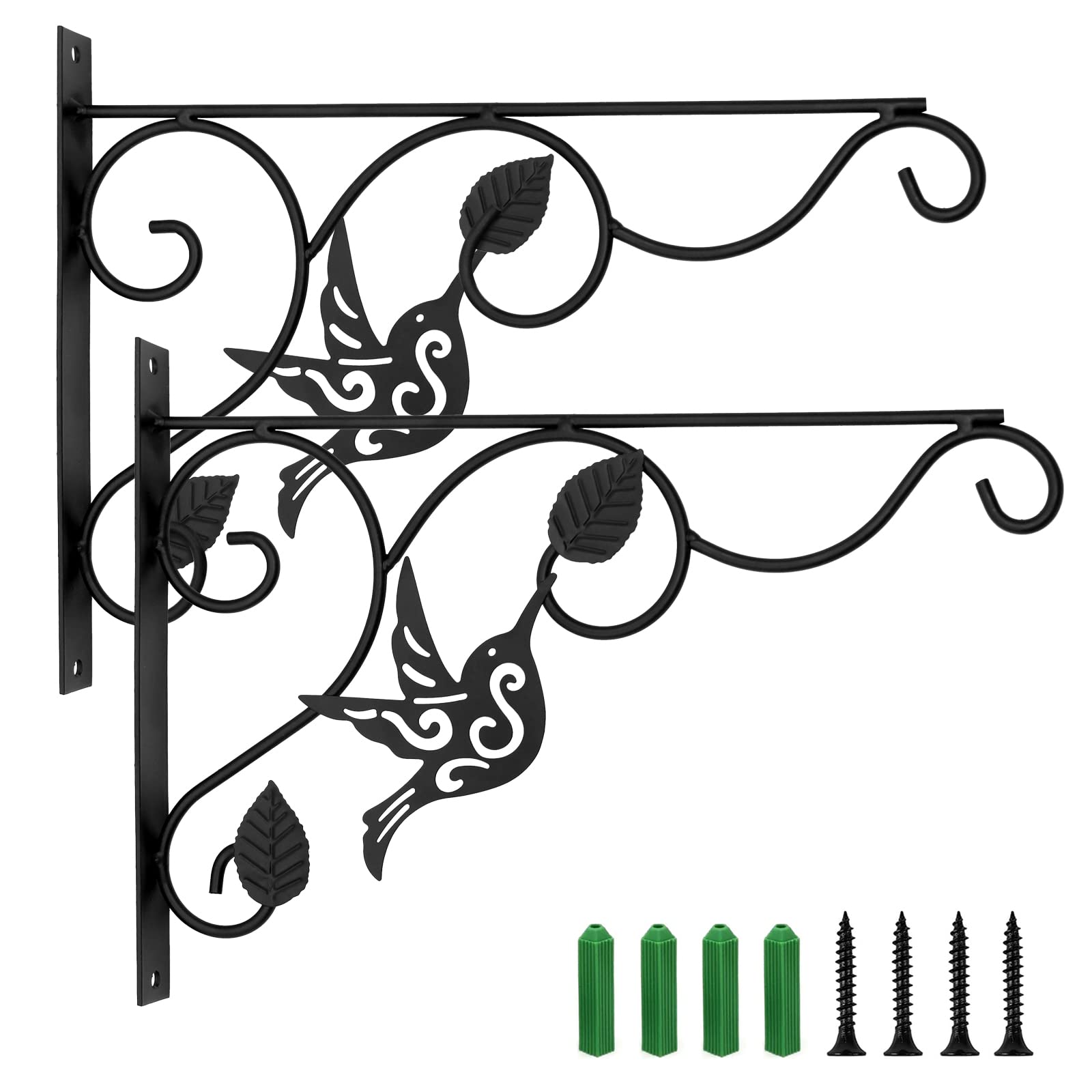 VRSS 12 Inch Outdoor Hanging Plant Brackets - Wall Mounted Flower Pot Hangers with Decorative Leaves & Birds Design (2 Pack) - Perfect for Balcony, Garden, Patio Decor