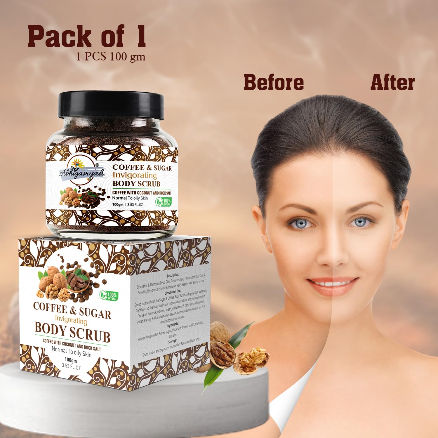 Abhigamyah Coffee & Sugar Body Scrub - Exfoliating Face & Body Scrub with Walnut Shell for Tan Removal - 8oz (Pack of 1) - Perfect for Spa Day & Post-Sun Care