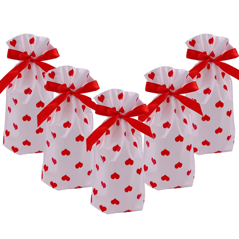 24pcs Red Heart Treat Bags - Plastic Drawstring Party Favor Bags for Candy, Goodies & Food Storage | Valentine's Day, Birthday Party Favors & Gift Wrapping Supplies