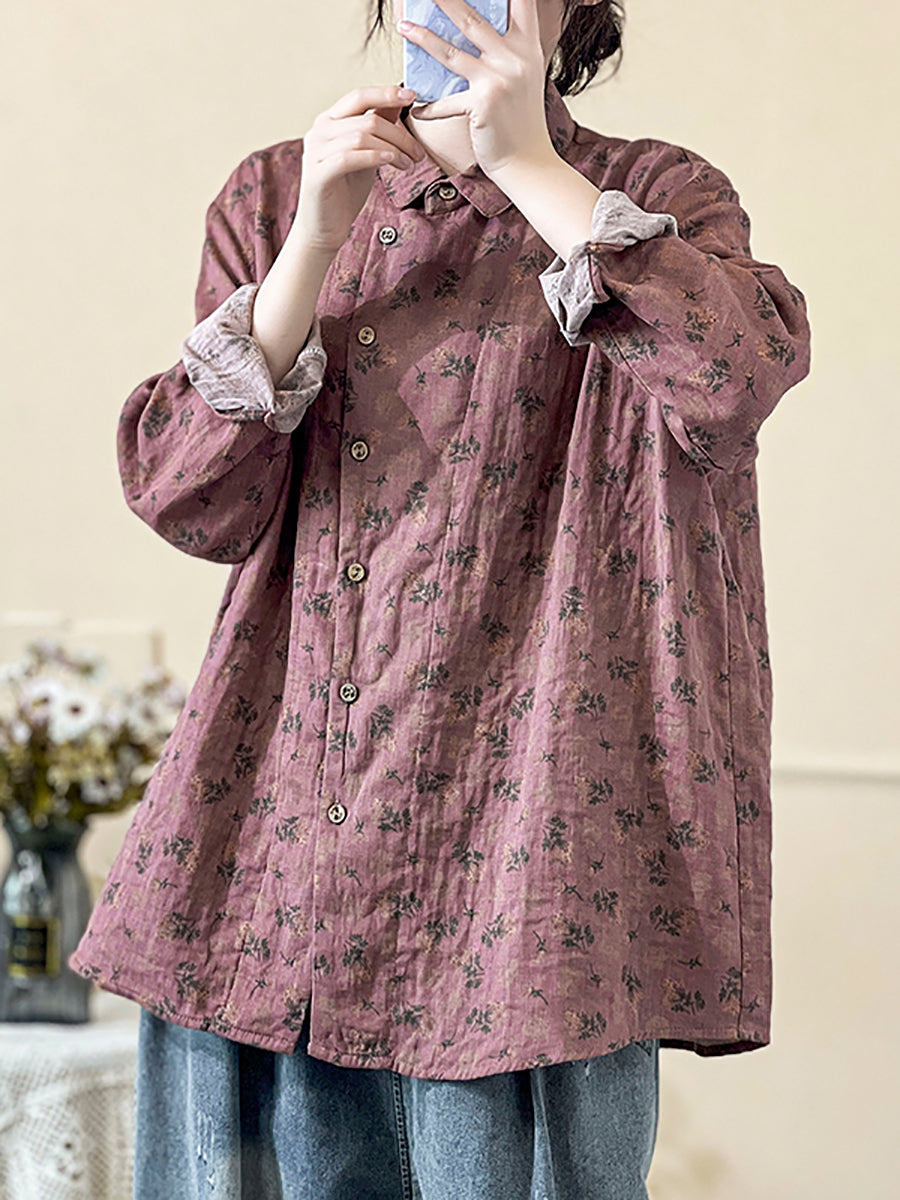 Plus Size Women's Vintage Floral Print Button Down Shirt - Spring Blouse with Slant Closure for Casual Wear & Office Outfits