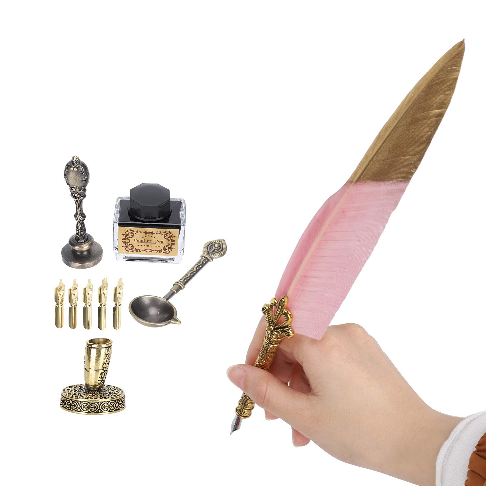 Vintage Feather Pen Set - Retro Calligraphy Dip Quill Pen with 5 Extra Nibs, Seal Stamp, Wax Melting Spoon, Pen Holder & Empty Ink Bottle (Pink) | Perfect for Wedding Invitations, Scrapbooking & Vintage Letter Writing
