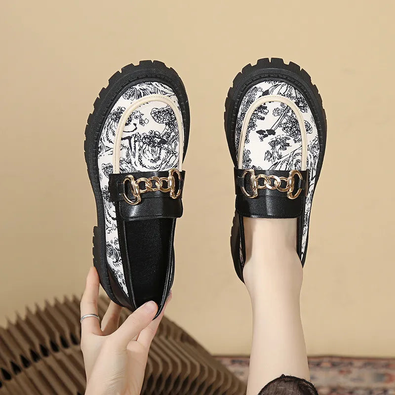 Women's Round Toe Printed Loafers with Block Heels - Comfortable Slip-On Shoes for Work, Office & Casual Outfits
