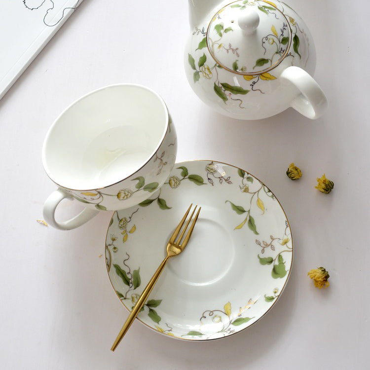 Floral Leaf Bone China Tea Set for One - Elegant Porcelain Teacup with Saucer & Spoon - Perfect for Afternoon Tea, Gifts, and Home Decor
