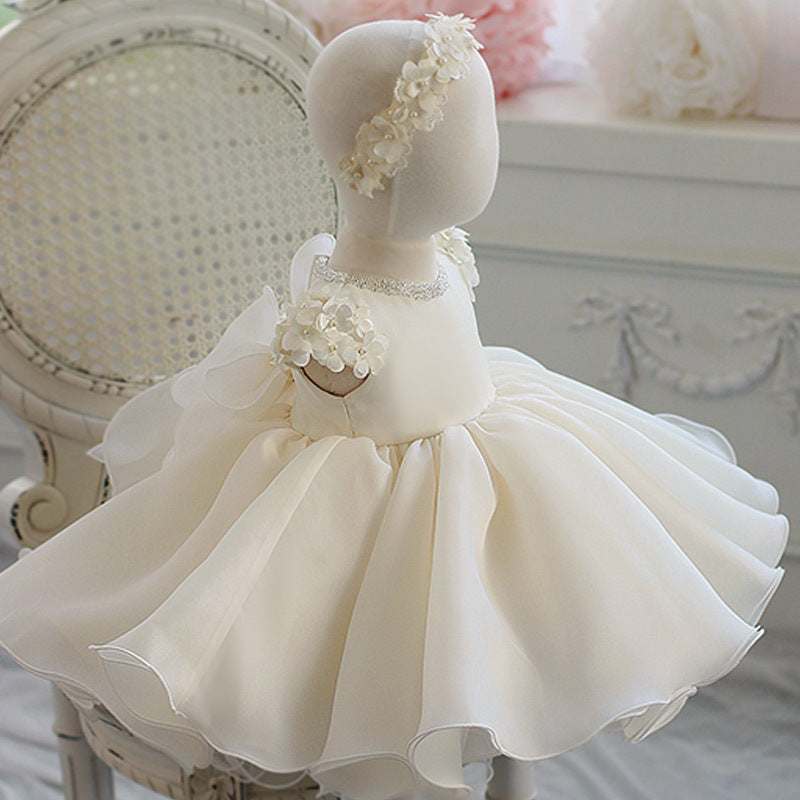 White Princess Organza Flower Girl Dress with Ruffles and Floral Details - Perfect for Weddings, Pageants & Special Occasions