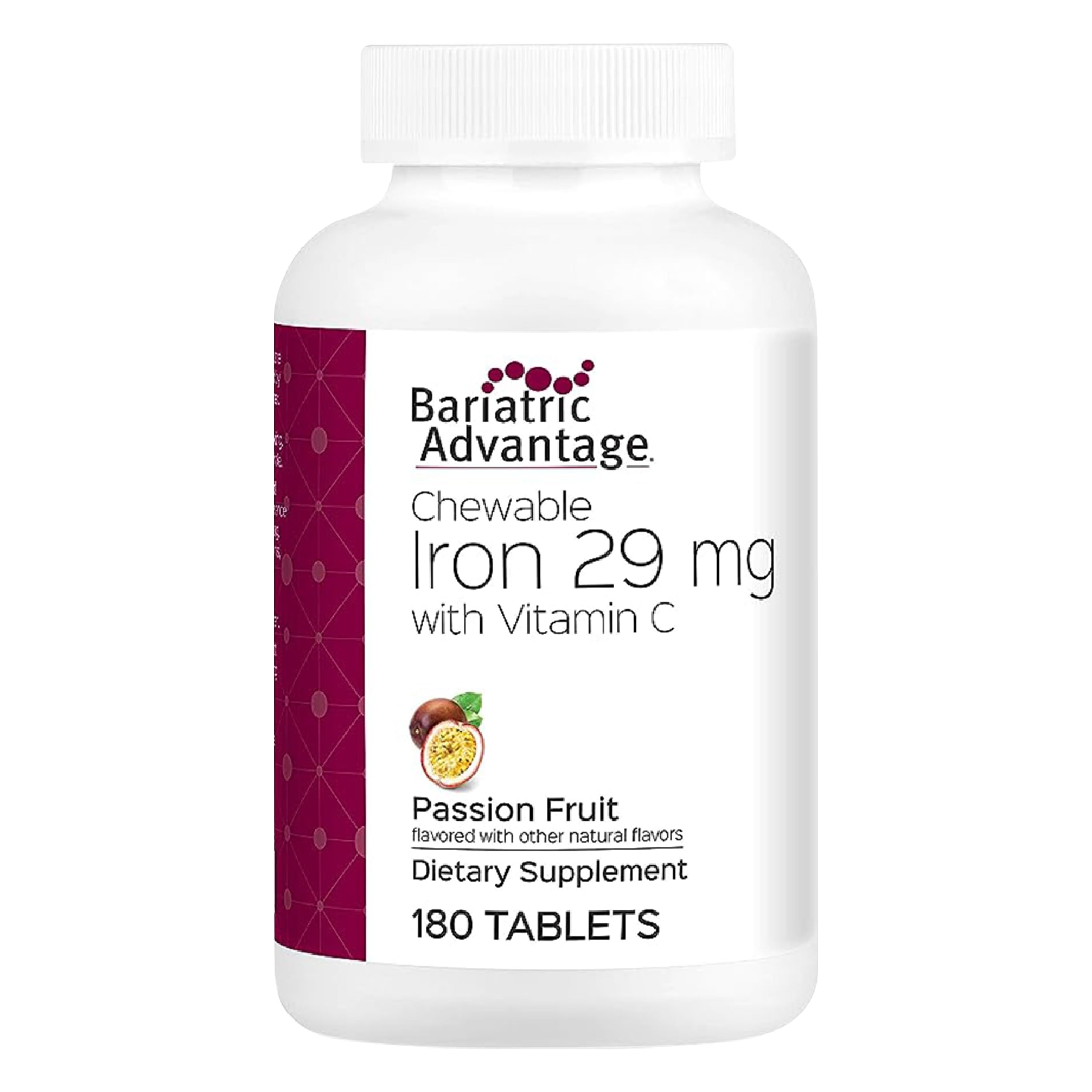 Bariatric Advantage Chewable Iron 29mg Supplement with Vitamin C - Ferrous Fumarate & Carbonyl Iron - No Metallic Taste - Passion Fruit Flavor - 180 Count - Ideal for Post-Bariatric Surgery Recovery & Iron Deficiency Support