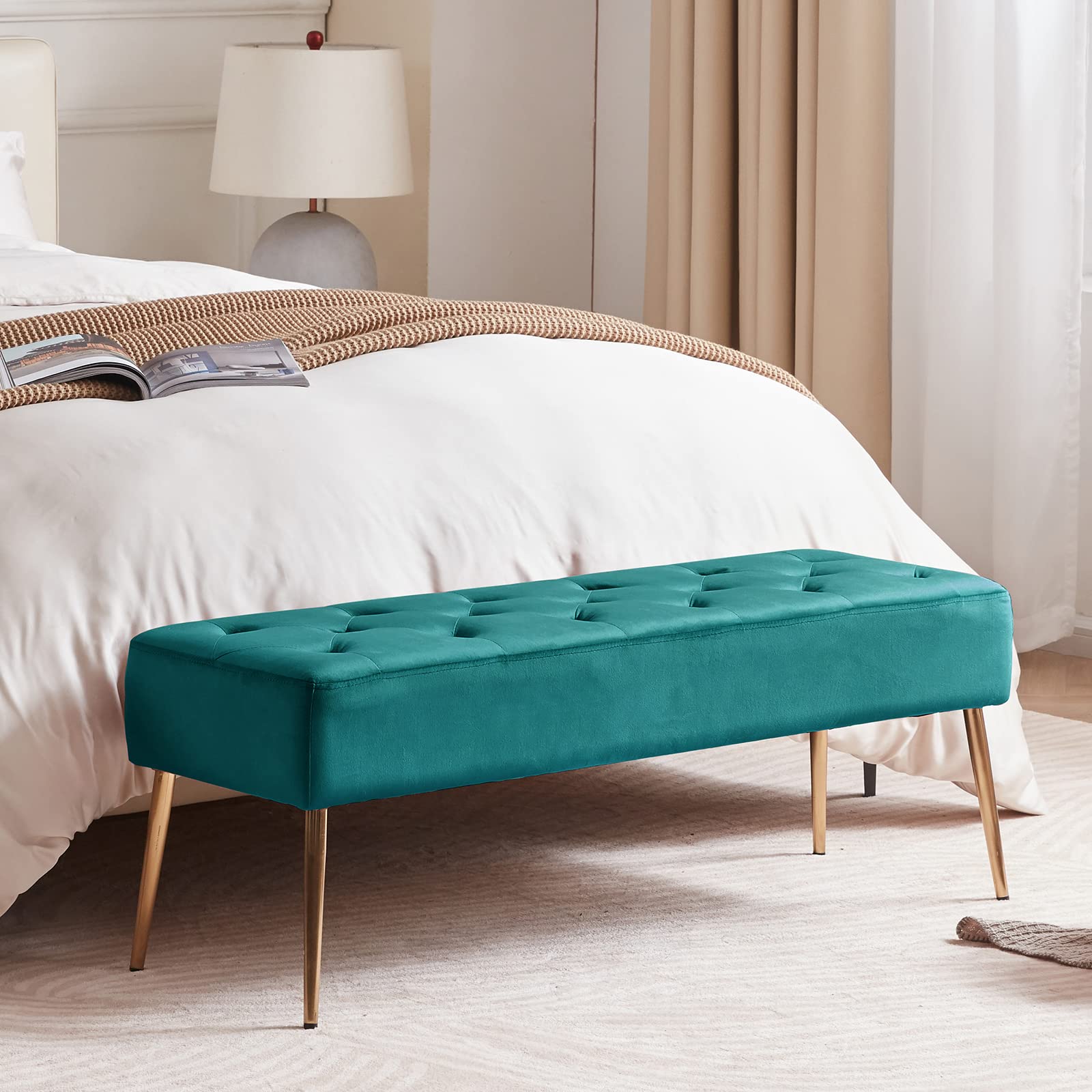 DUHOME Modern Velvet Bench Ottoman - Upholstered Button-Tufted Footrest Stool with Gold Metal Base for Entryway, Dining Room, Living Room, Bedroom, Perfect for Home Decor and Extra Seating
