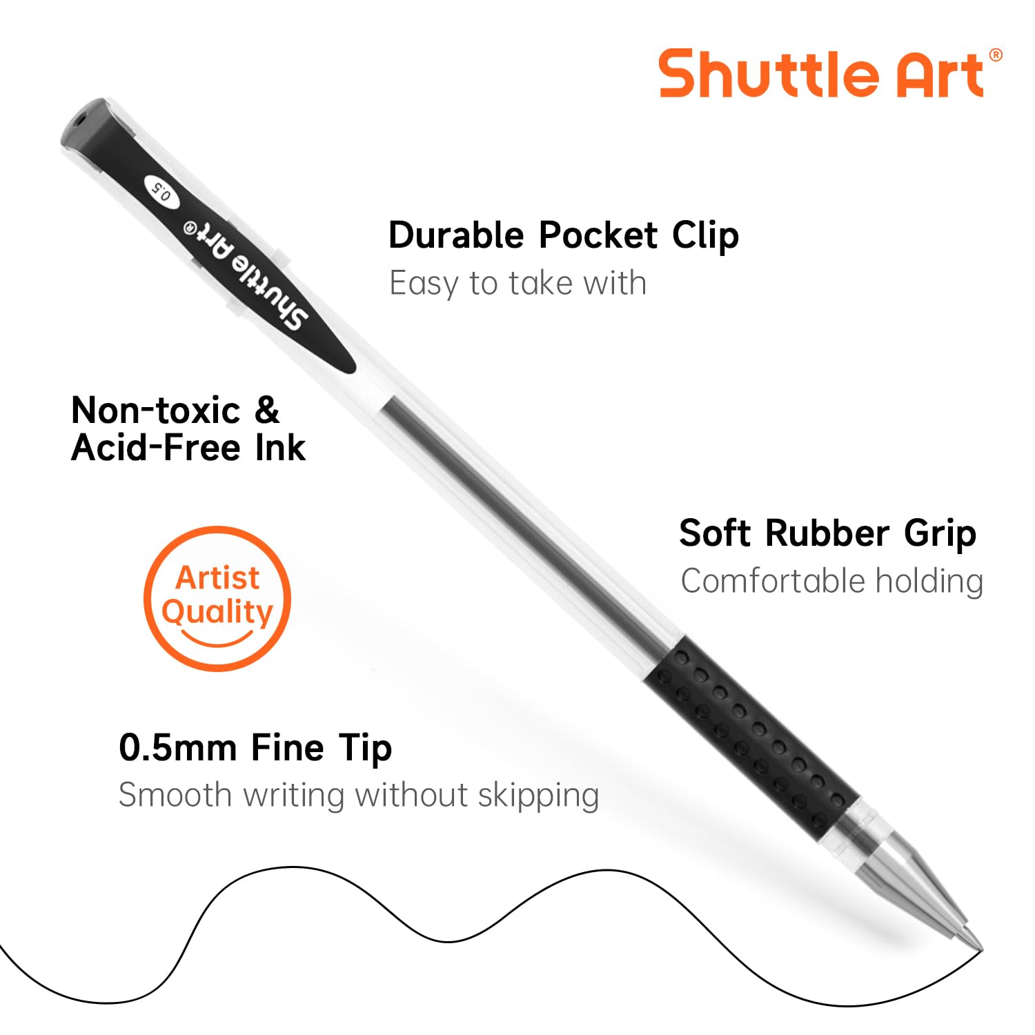 Shuttle Art Black Gel Pens - 50 Pack Fine Point 0.5mm Rollerball Pens with Smooth Writing & Comfort Grip - Bulk Office, School & Home Supplies - Perfect for Note Taking, Journaling & Art Projects