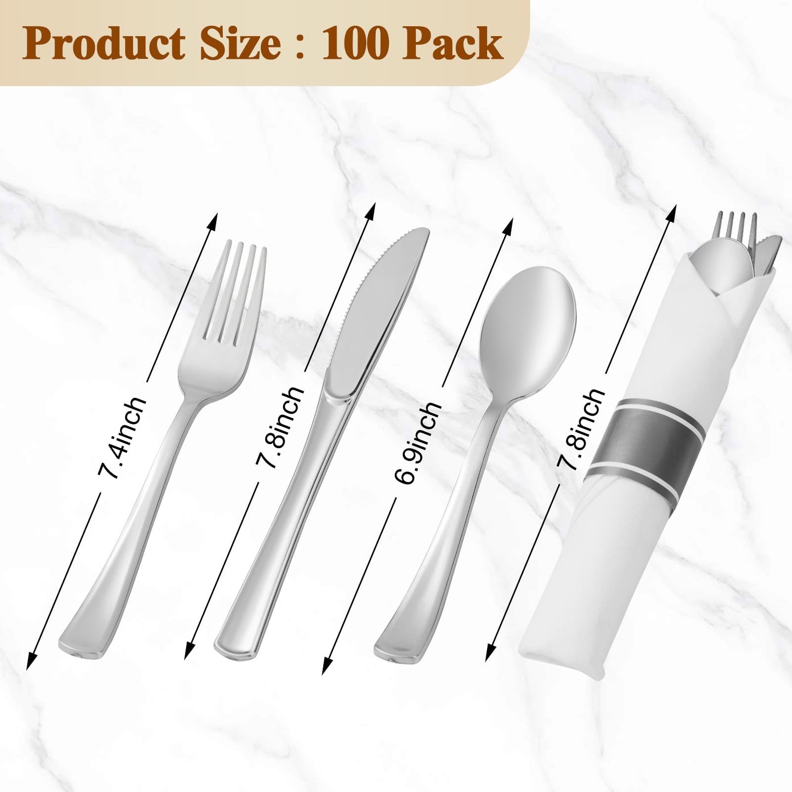 100-Piece Disposable Silver Plastic Cutlery Set - Pre-Rolled Wrapped Silverware with 100 Napkins, Knives, Forks & Spoons - Perfect for Parties, Birthdays, Picnics & Catering Events