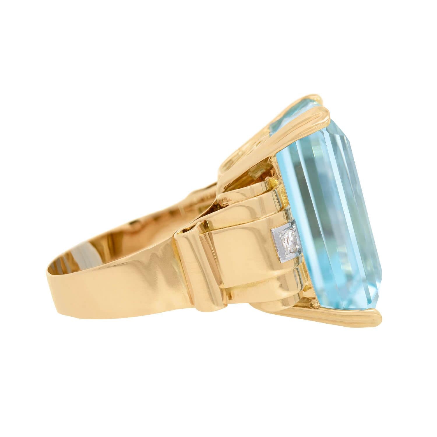 GIA Certified 16k Rose Gold Vintage Aquamarine and Diamond Cocktail Ring - 30.05 Carat Statement Jewelry for Weddings, Anniversaries & Special Occasions