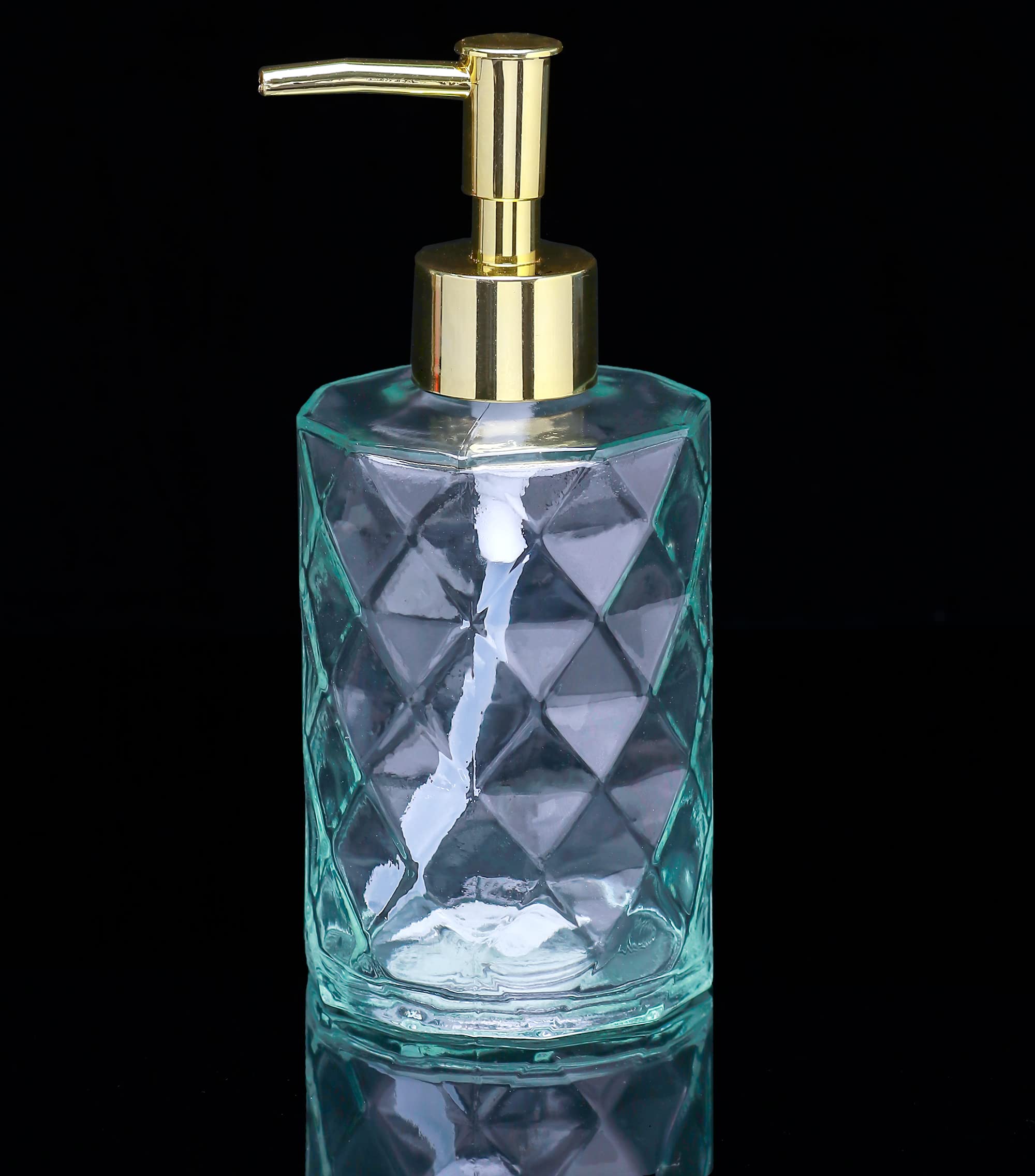 12 Oz Glass Soap Dispenser for Kitchen & Bathroom - Rustproof Pump, Crystal Clear Refillable Liquid Lotion Dispenser with Diamond Design - Perfect for Hand Soap, Dish Soap, and Lotion in Home & Office