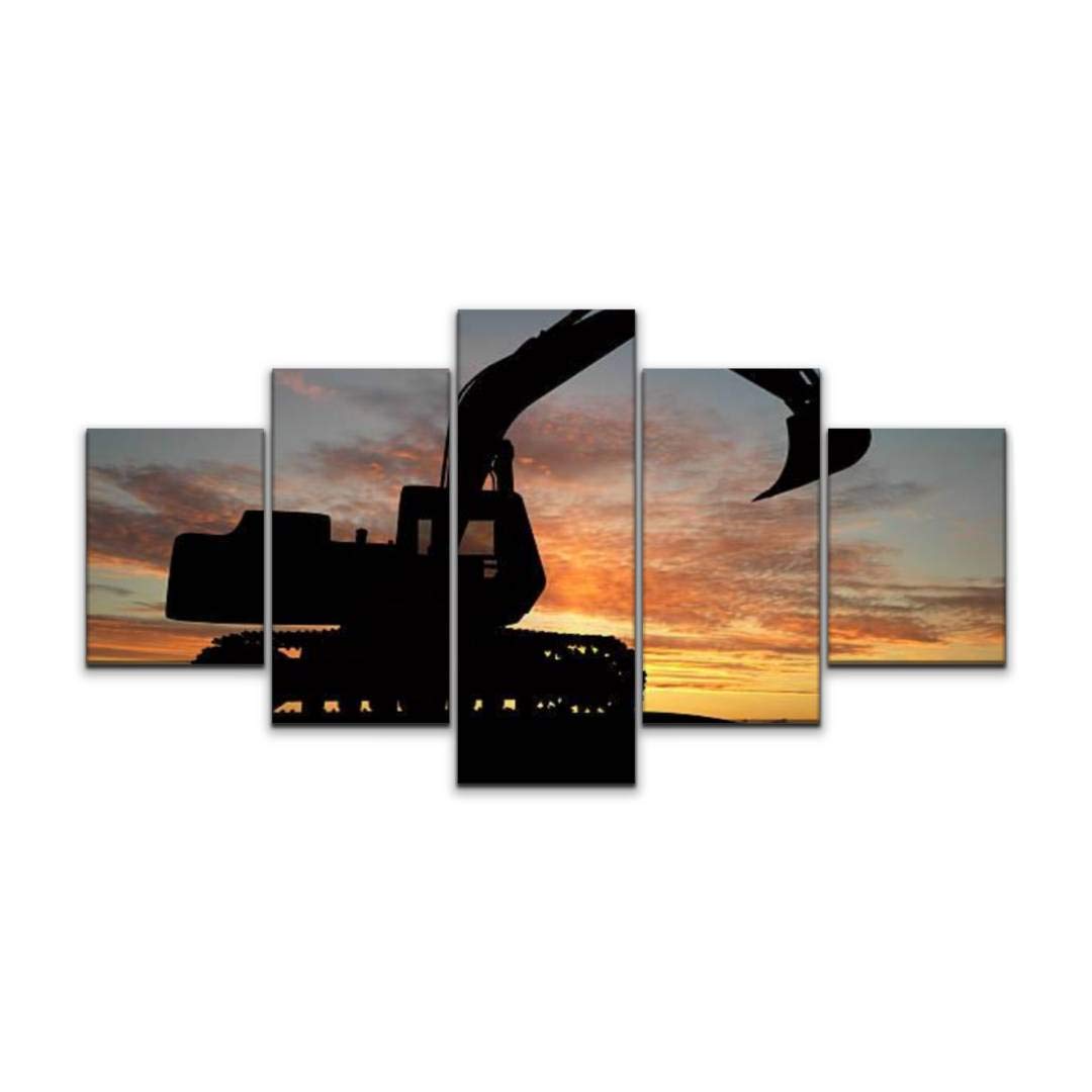 Vintage Sunset Silhouette Excavator Canvas Wall Art - 5 Panel Large Size Ready to Hang Home & Office Decor | Perfect for Living Room, Bedroom, or Gift Giving