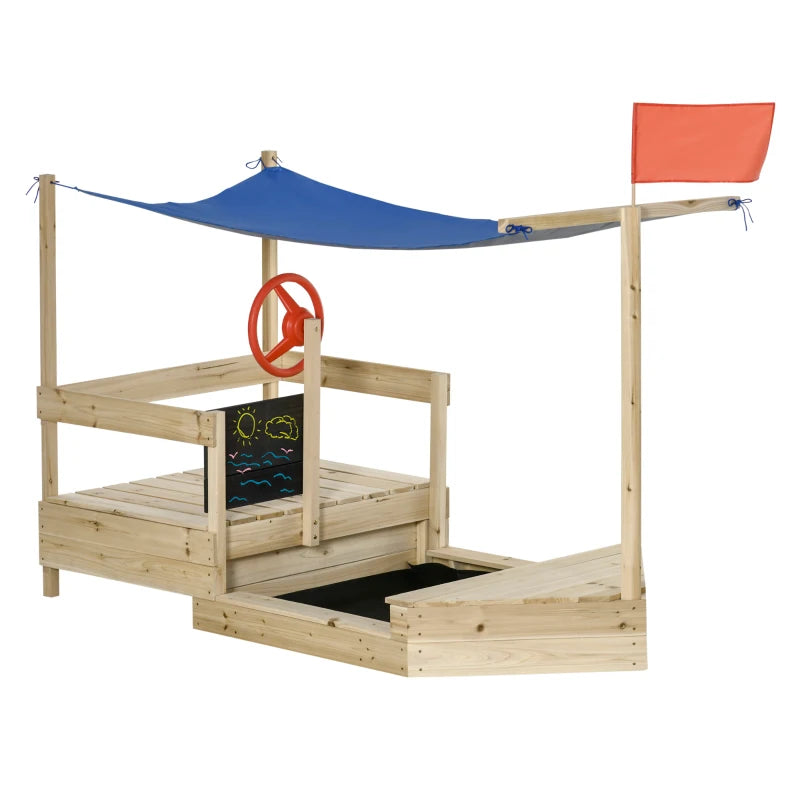 Kids Wooden Sandbox with Canopy Shade & Blackboard - Foldable Outdoor Play Station for Children, Includes Flag & Bottom Liner - Perfect for Backyard, Garden & Beach Playtime