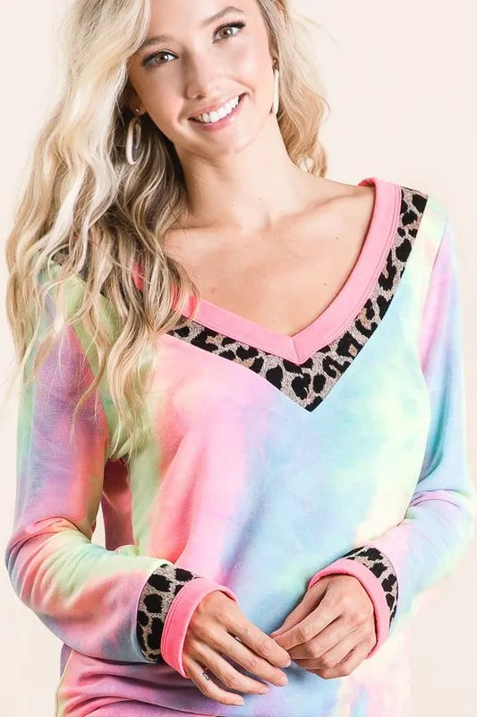BiBi Tie Dye Terry V Neck Top - Soft Cotton Women's T-Shirt for Casual Wear, Summer Outfits & Beach Vacations