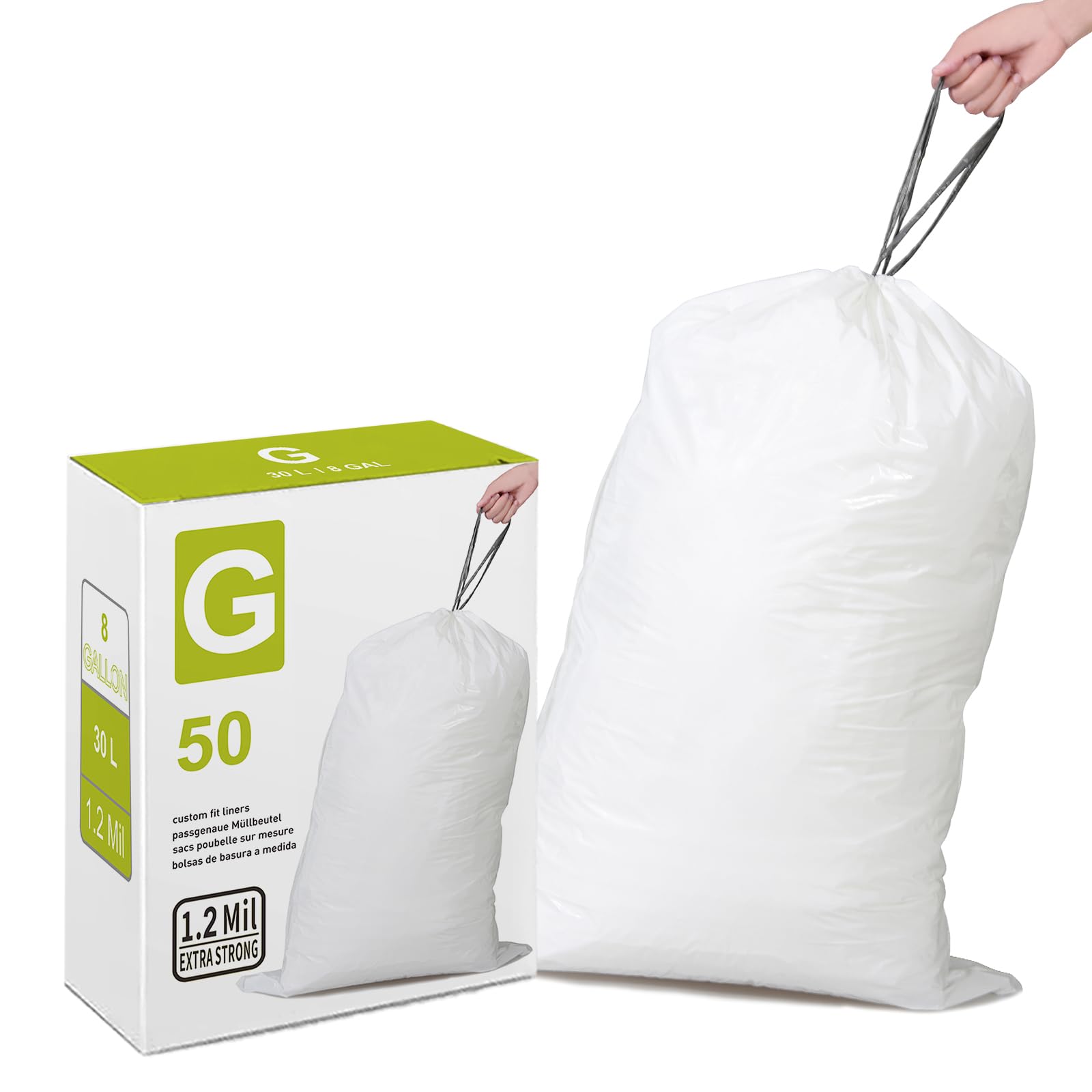 Code G 8 Gallon Heavy Duty 1.2 Mil THICK Plastic Trash Bags with Reinforced Drawstring - 50 Count, Leak-Proof & Tear Resistant - Compatible with Simple Code G 30 Liter White Garbage Can Liners - Perfect for Kitchen, Bathroom, Office & Outdoor Waste Disposal