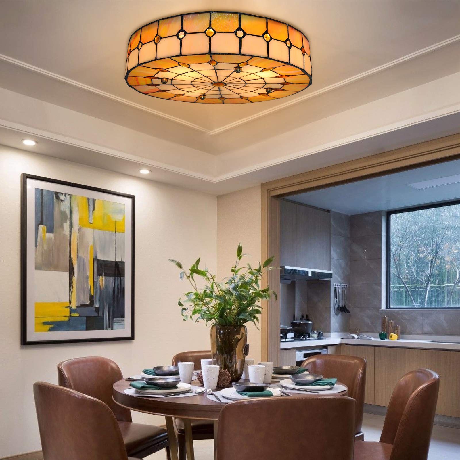 Vintage Handmade Tiffany Style LED Ceiling Lamp - 16 Inch Yellow Square Art Deco Flush Mount Light Fixture for Bedroom, Living Room, Hotel & Restaurant Lighting - Perfect for Home Decor and Commercial Spaces
