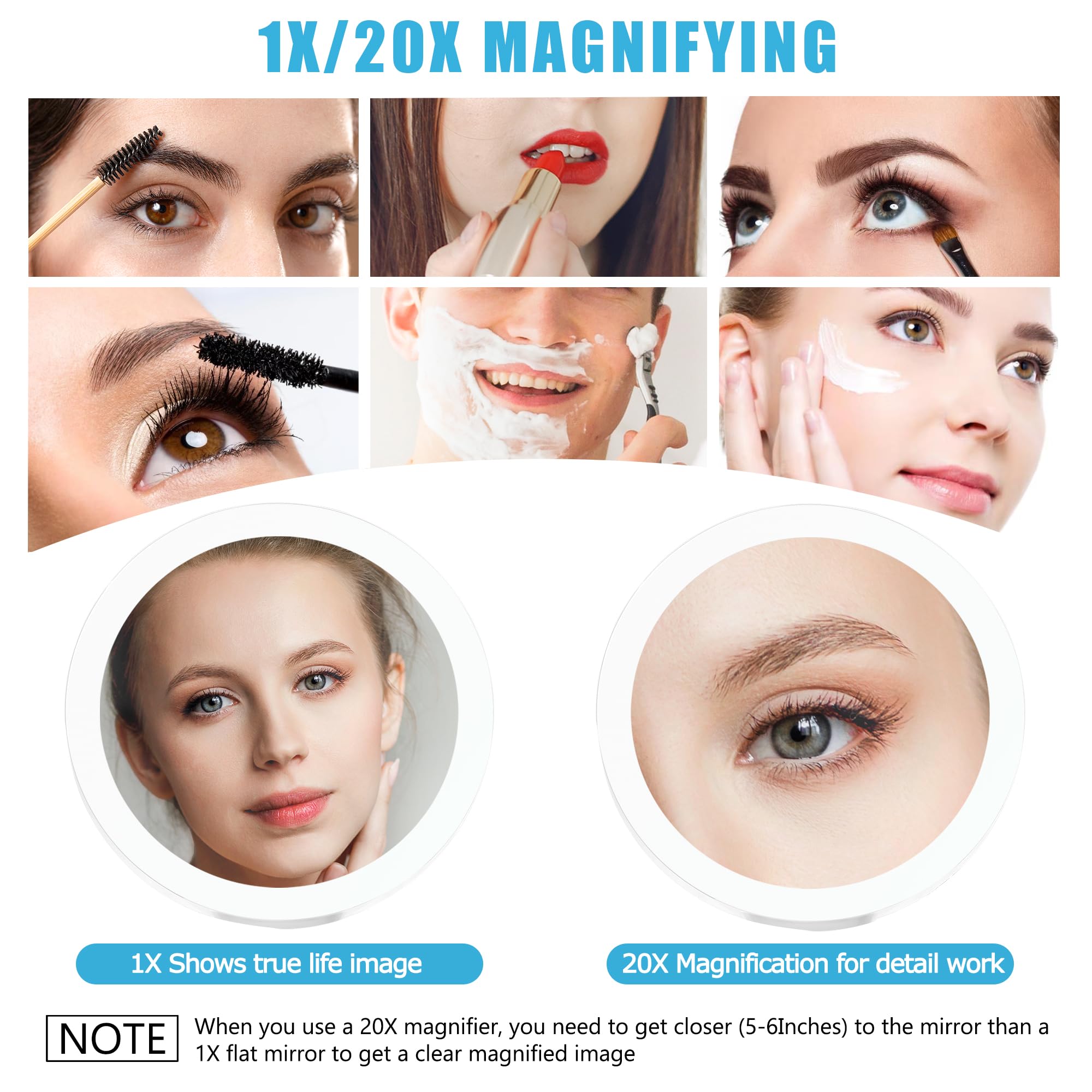 MIYADIVA 20X Magnifying Mirror with LED Light - Dual-Sided 1X/20X Vanity Mirror with Adjustable Handle & Touch Switch - Perfect for Travel Makeup, Eyebrow Plucking, Skincare & Shaving