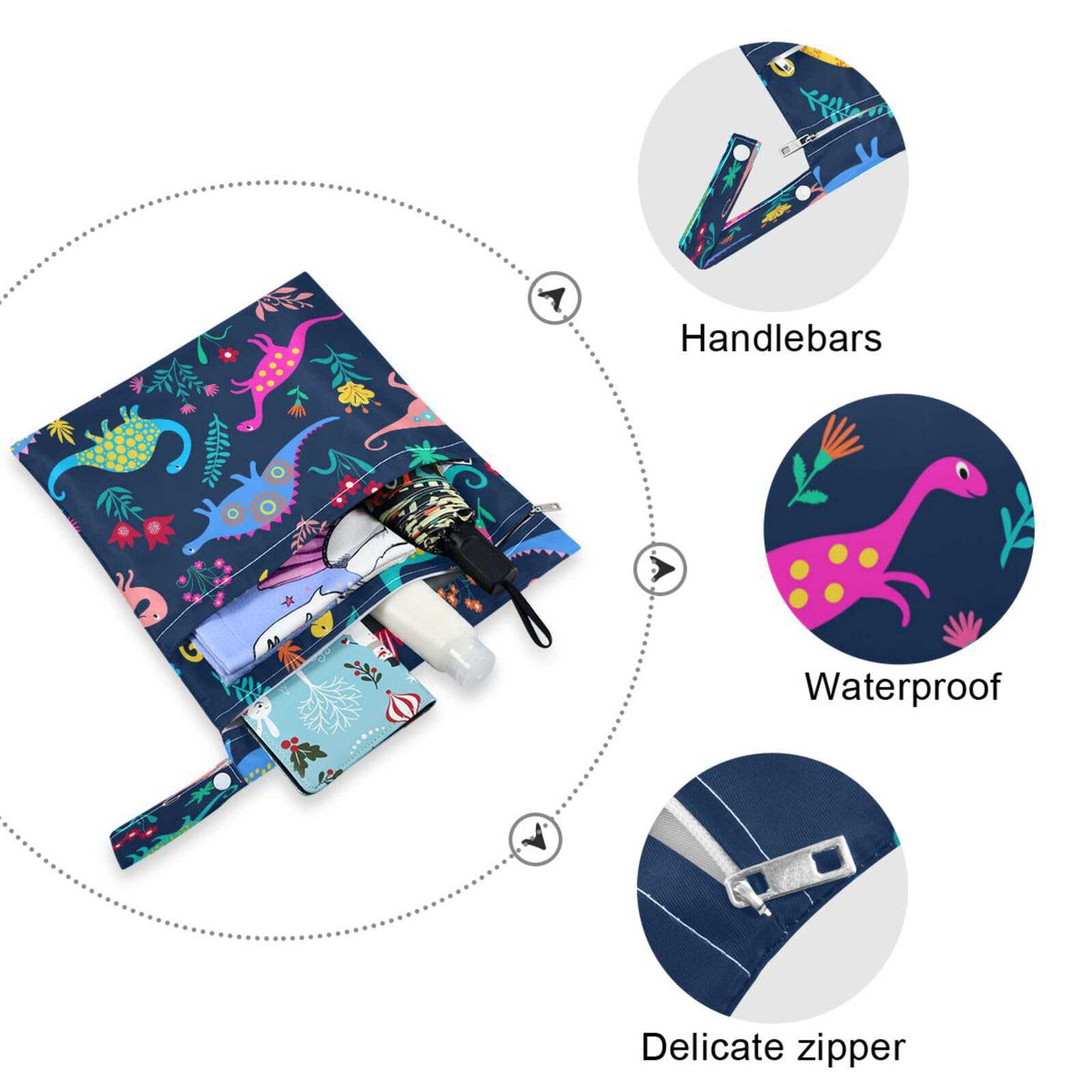 **YETTASBIN 2-Pack Waterproof Dinosaur Wet Dry Bags – Reusable Baby Cloth Diaper Storage with Zipper Pocket for Travel, Beach, Stroller, Gym & Swimsuits – Perfect for Daycare, Pool & Outdoor Adventures**