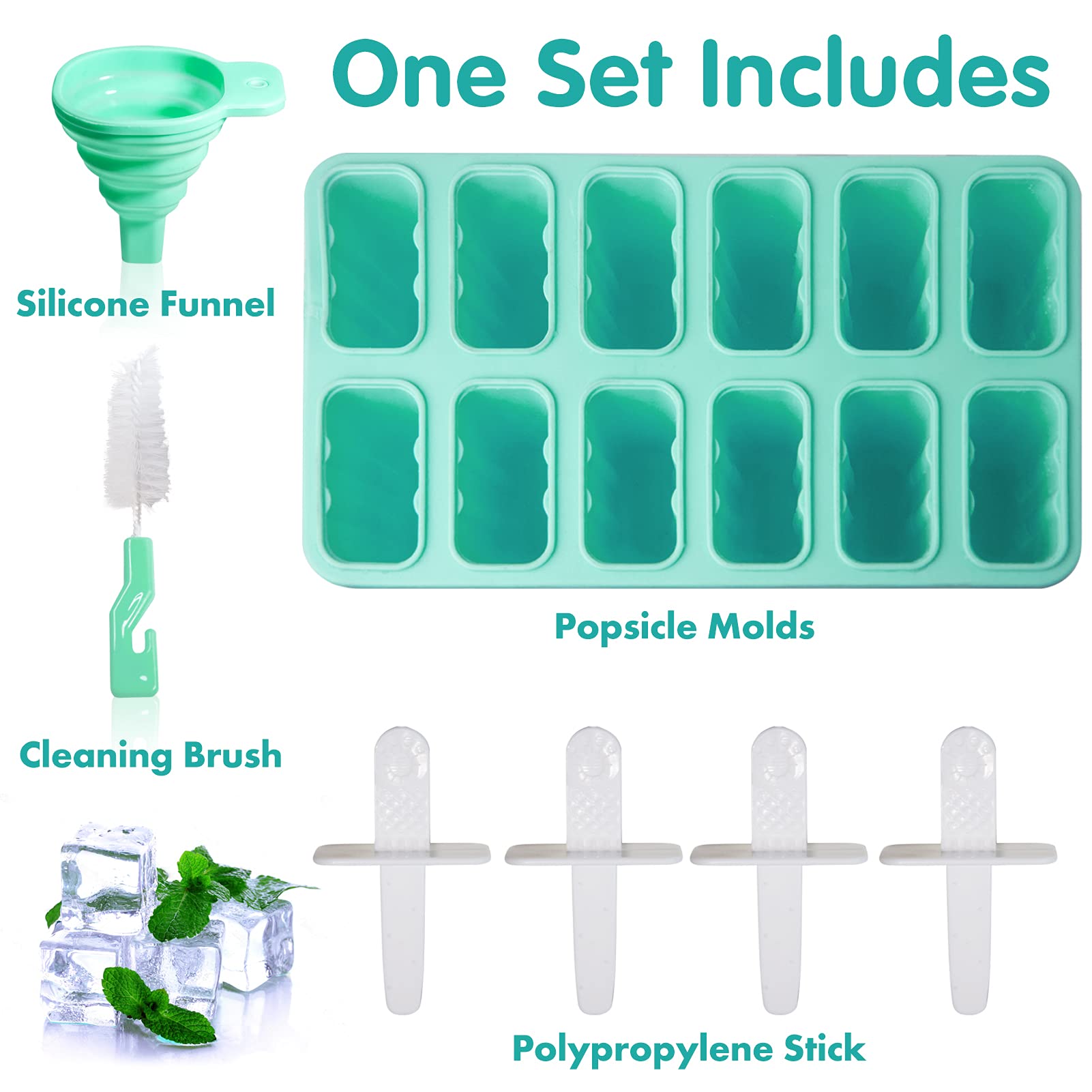 Meajore 12 Cavity BPA-Free Silicone Popsicle Molds - Reusable Ice Pop Maker for Kids & Adults - Perfect for Homemade Frozen Treats, Summer Snacks, and Party Desserts (Green)