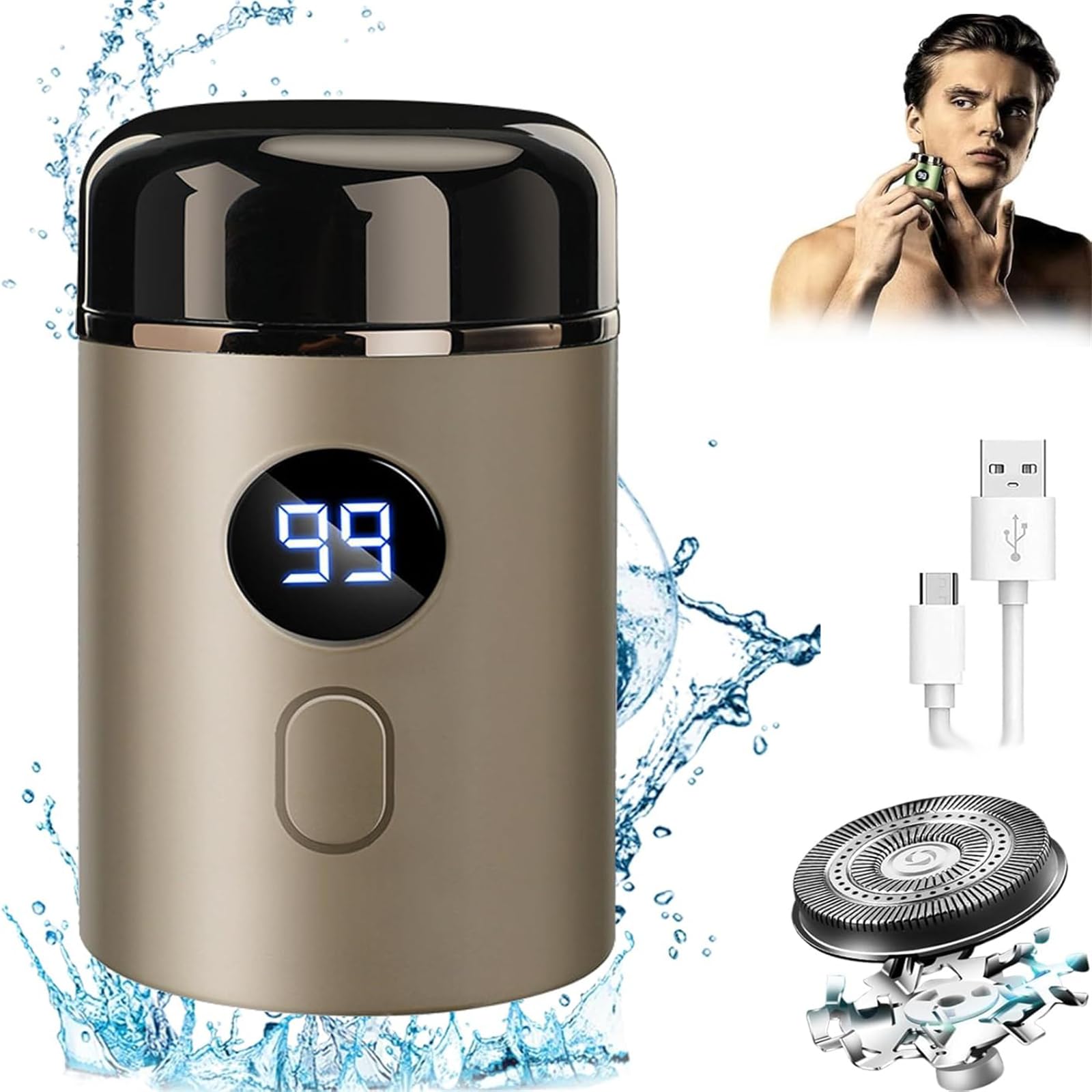 Vishopee Mini Portable Electric Shaver for Men - 3D Floating Head, Cordless Travel Shaver, USB Rechargeable, Smooth & Painless Shaving - Perfect for Home, Office & Travel (Gold)