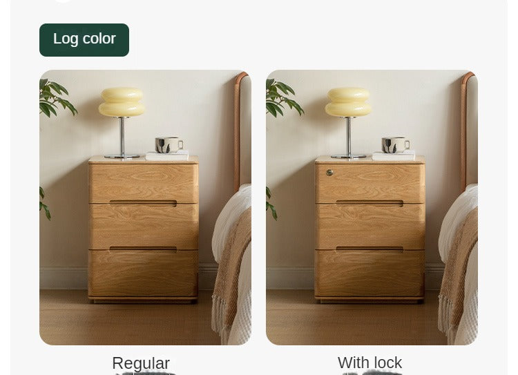 Solid Oak Wood 3-Drawer Nightstand with Lock - Bedside Table for Bedroom, Living Room & Office Storage