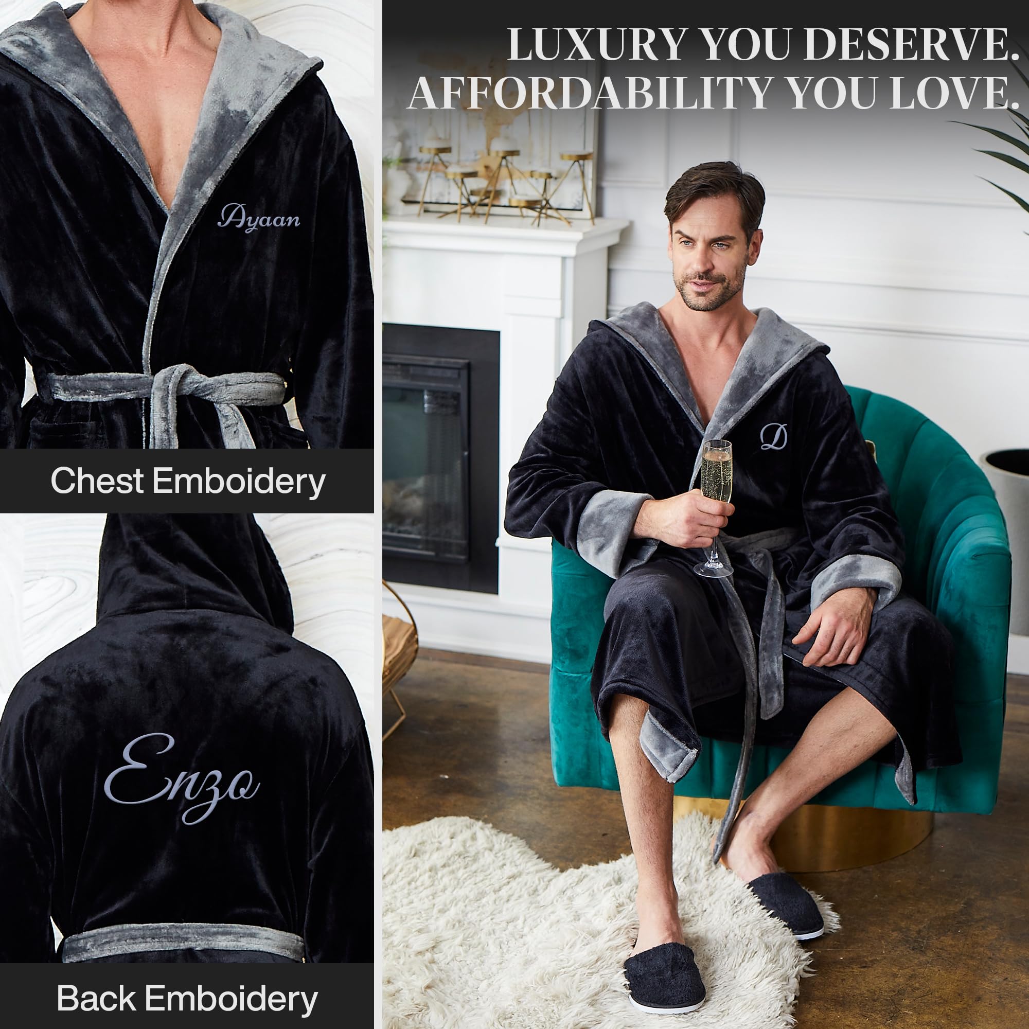 Premium Men's Plush Hooded Bathrobe - Soft & Luxurious Linen Robe for Spa, Lounge & Relaxation at Home