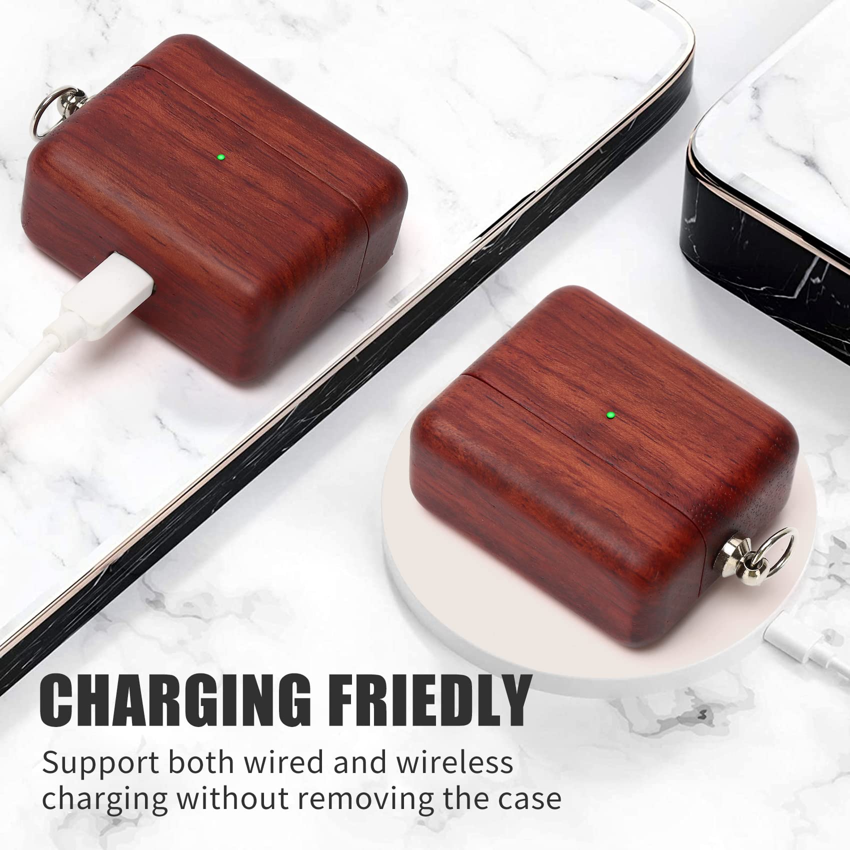 Wood AirPods Case for AirPods 3 (2021) - Rose Wood Protective Cover with Carabiner for Outdoor & Travel