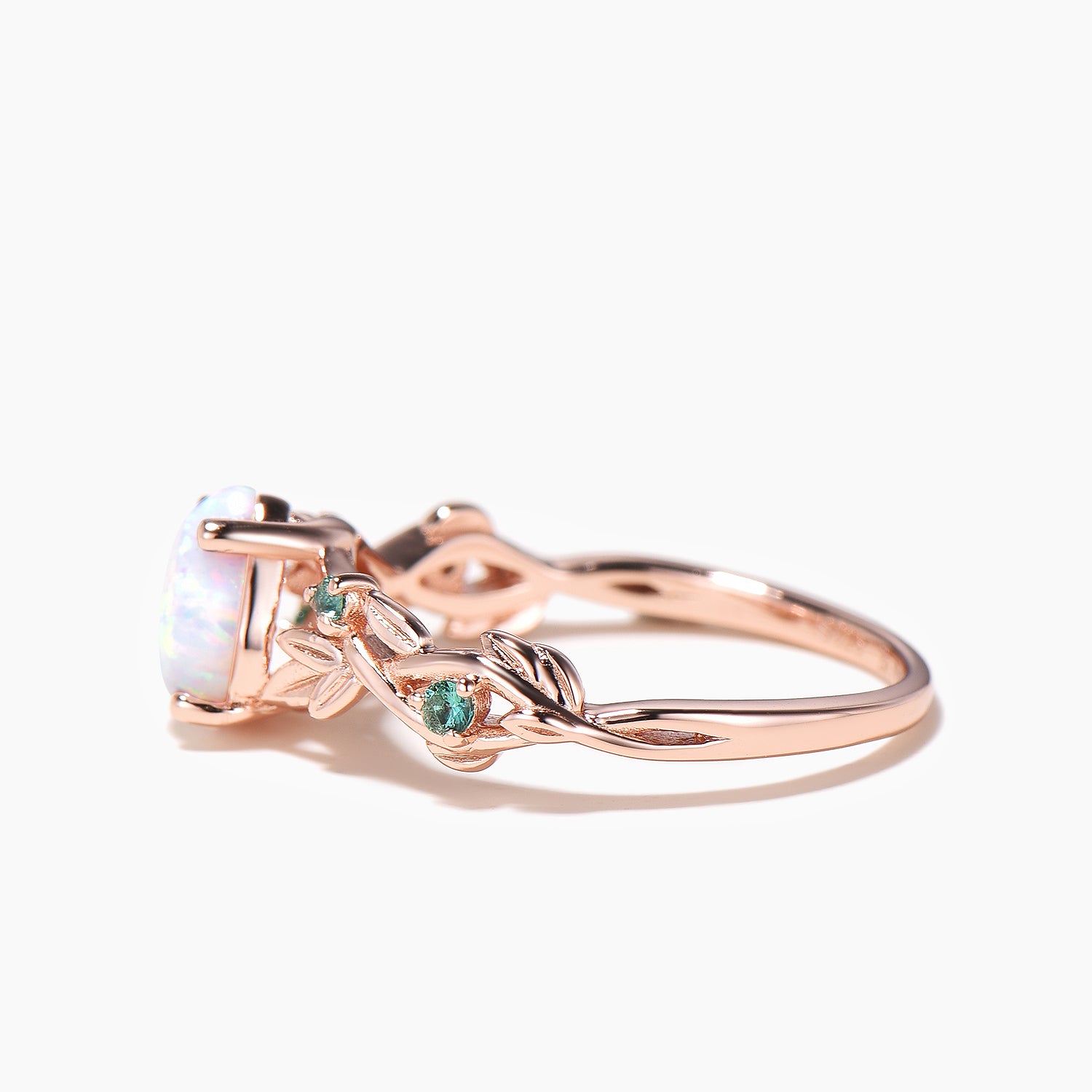 Pear Cut White Opal Engagement Ring - 14K Gold Leaf Twig Wedding Band for Women, Vintage Fire Opal & Emerald Bridal Jewelry - Perfect for Proposals, Anniversaries & Romantic Occasions