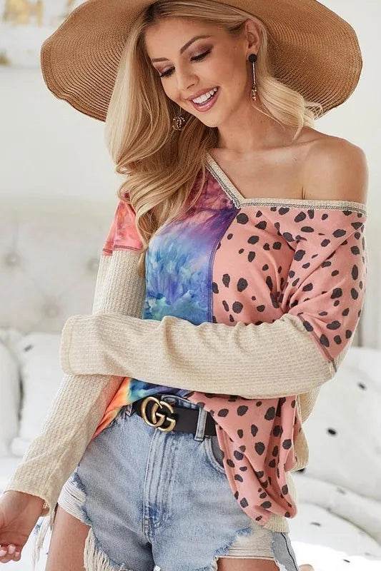 Bibi Print Block V Neck Top With Contrast Stitching In Blush | Flowy Casual Blouse for Women | Perfect for Office Wear, Date Nights & Summer Outfits