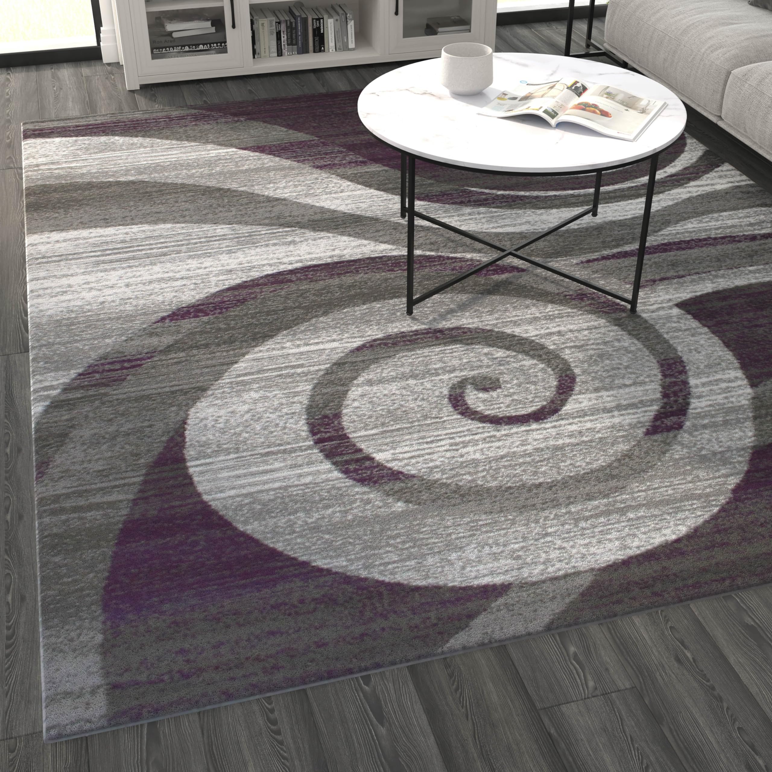 8' x 10' Purple Swirl Patterned Olefin Area Rug with Natural Jute Backing - Soft Non-Slip Floor Mat for Entryway, Living Room, Bedroom - Perfect for Home Decor, Apartment & Office Spaces