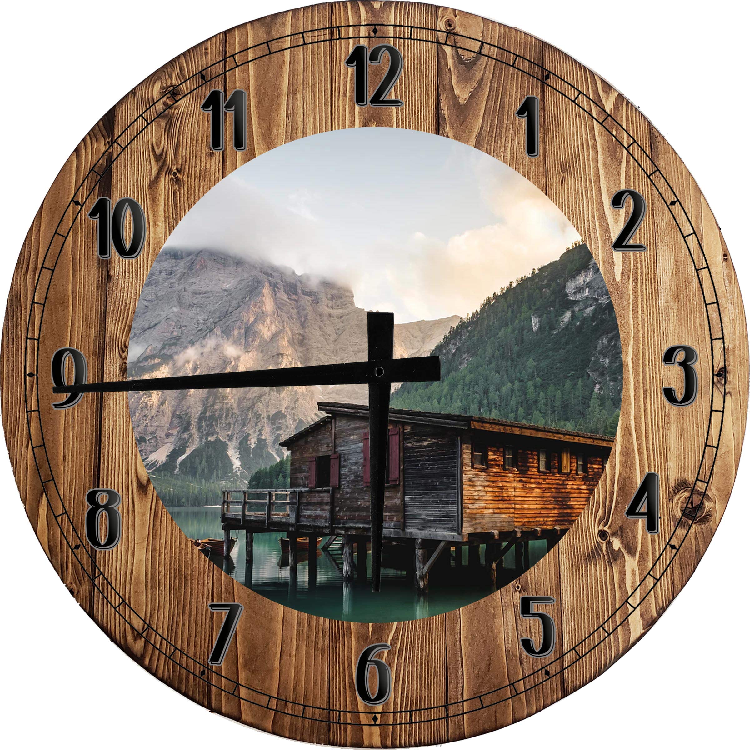 18 Inch Large Round Wood Wall Clock - Lake Cabin Mountain Bedroom Decor in Grey | Perfect for Rustic Home, Office & Cabin Wall Art