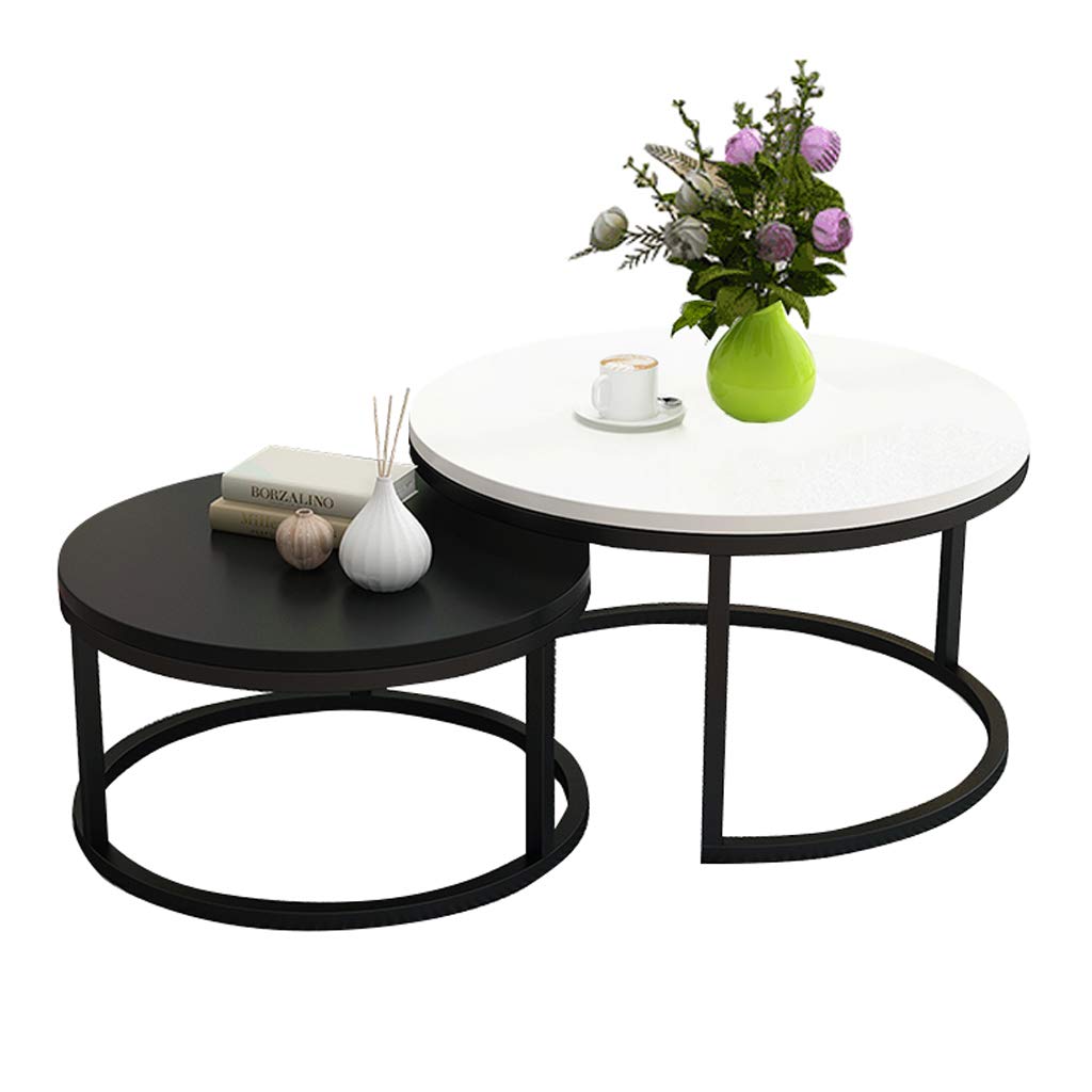 Set of 2 Modern Scandinavian Nesting Coffee Tables - Round Extendable Side Tables in White & Black Lacquer Finish for Living Room, Bedroom or Office - Stackable & Space-Saving Design