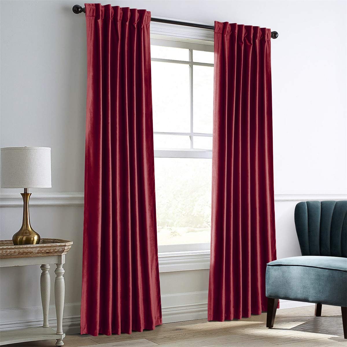LoyoLady Wine Red Velvet Curtains 63 Inches Long - 2 Panels Set, Blackout Thermal Insulated Window Drapes for Bedroom & Living Room, Back Tab & Rod Pocket Design (100