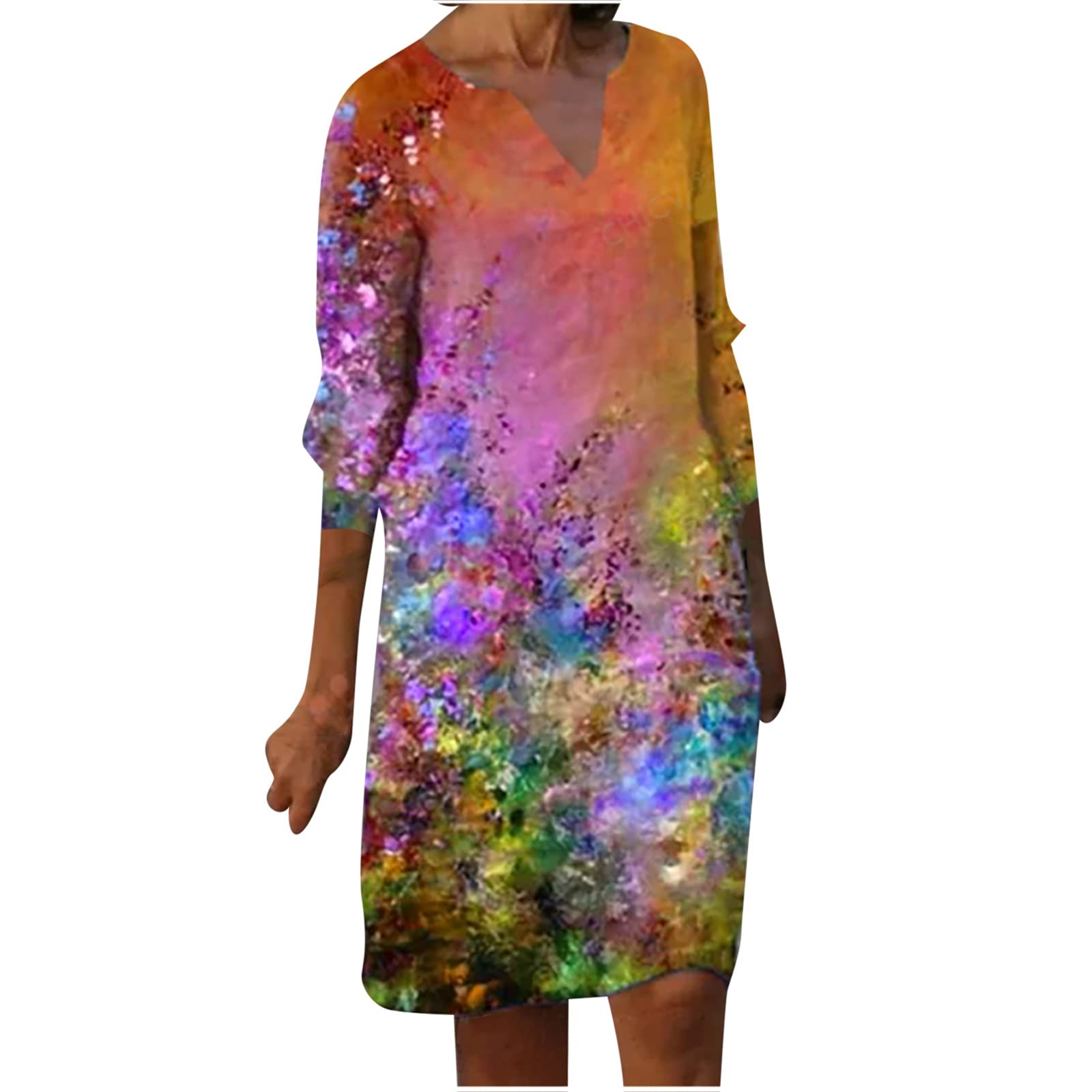 Women's Floral Print Cotton Linen Dress - Casual Loose Short Sleeve Knee Length Boho Midi Dress for Summer & Beach Wear | Perfect for Vacations, Outdoor Parties and Boho Fashion Lovers