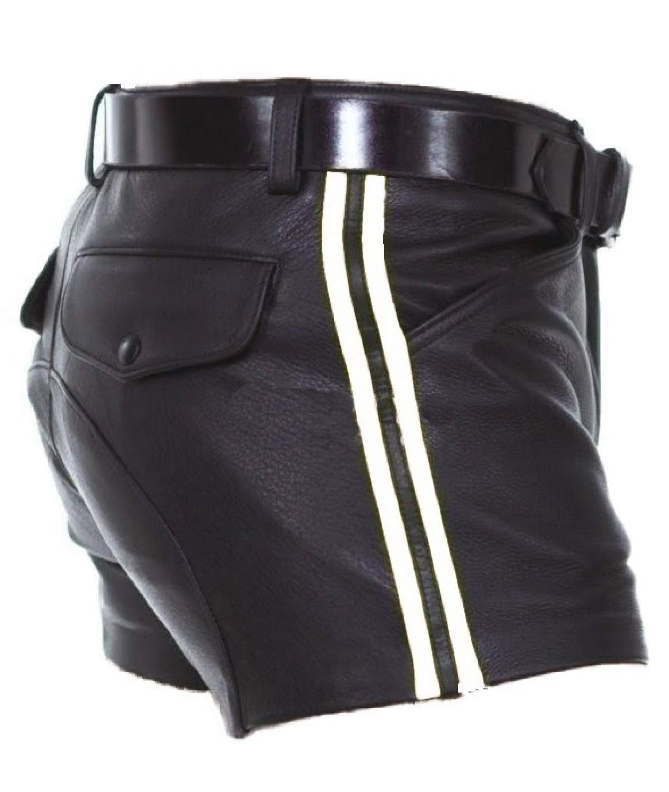 Men's Sexy Black Soft Sheep Leather Shorts with Stripes - Stylish Half Pant Design for Nightlife, Parties & Casual Wear