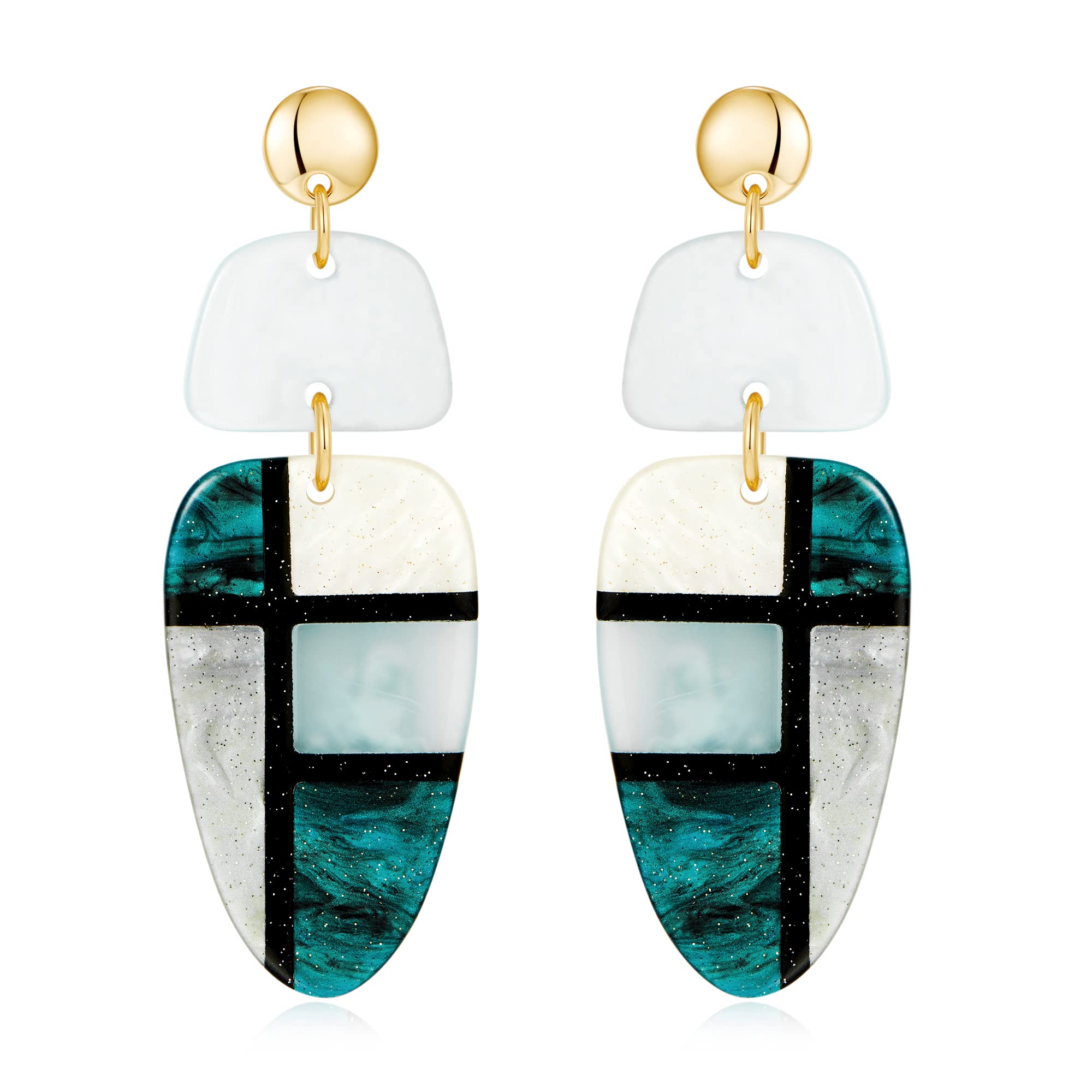 TOVABA Geometric Acrylic Earrings for Women - Bohemian Gold Plated Resin Dangle Earrings with Multicolor Marbled Plaid Design - Retro Statement Jewelry for Women & Girls - Perfect for Parties, Weddings & Boho Fashion Outfits