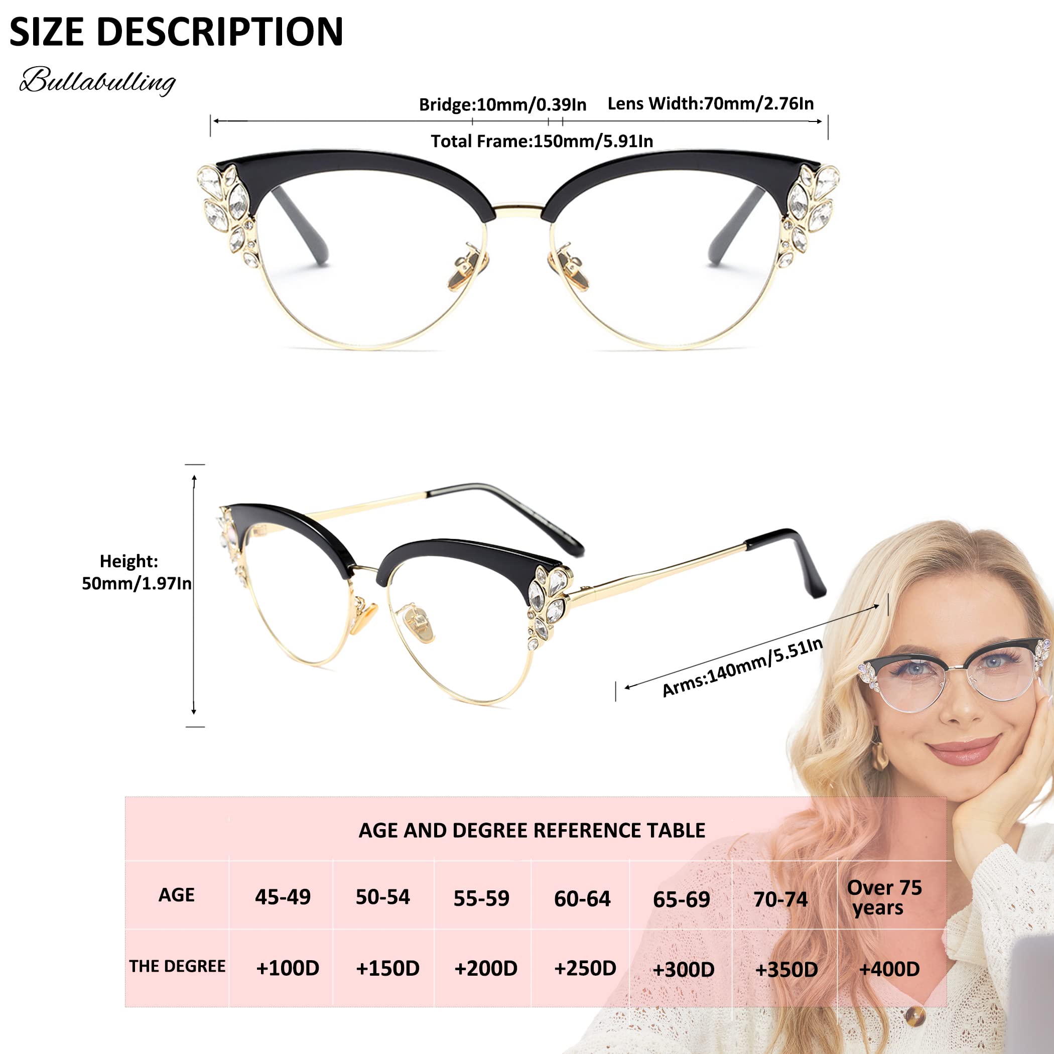 Bullabulling Rhinestone Bling Cateye Reading Glasses for Women - Blue Light Blocking & Anti-Glare - Fashionable Readers for Work, Reading & Screen Time