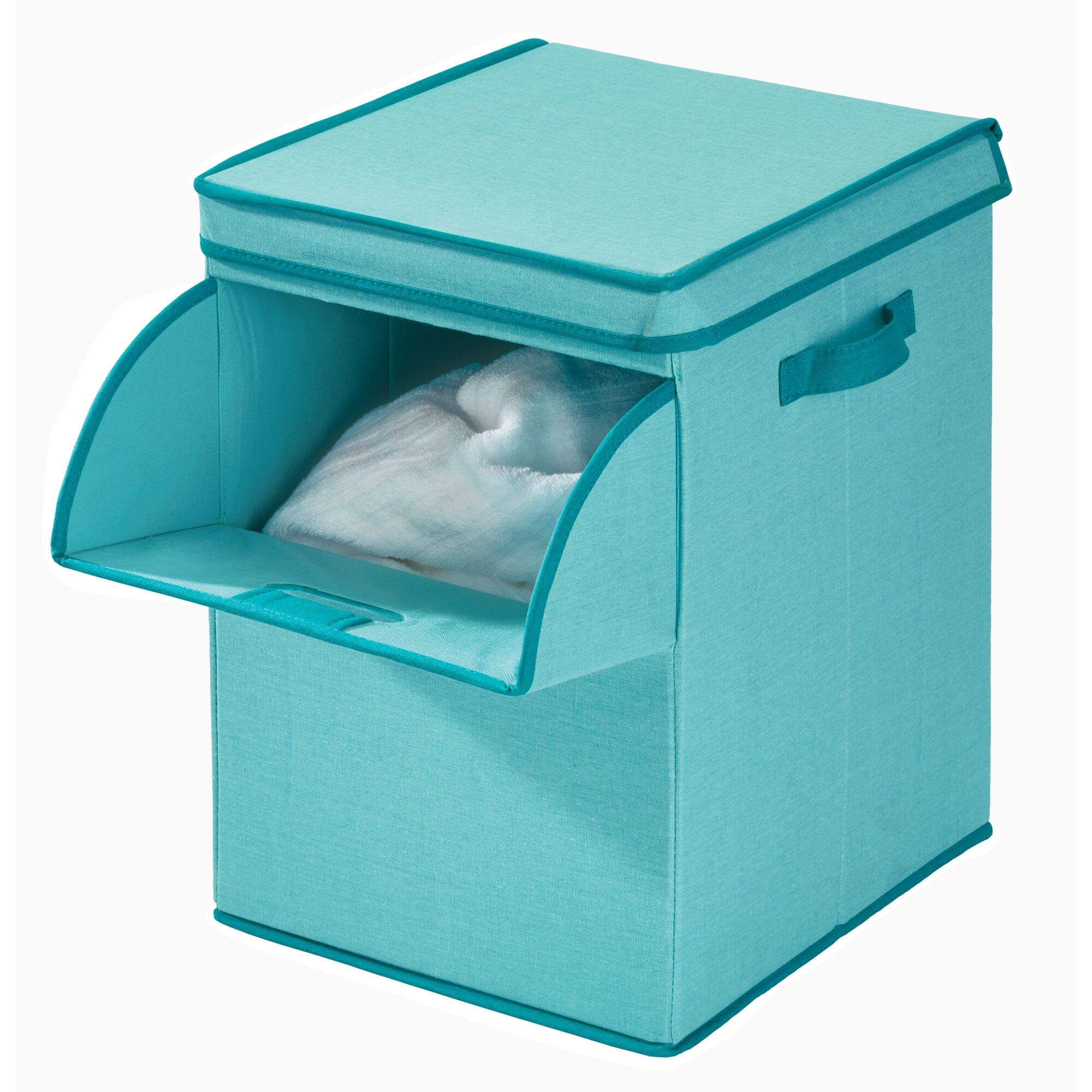 iDesign Emmy Fabric Storage Bin with Lid & Front Opening - Dual Handles for Closet, Bedroom, Nursery, Toys Organization - Teal Storage Basket for Home, Office & Kids Room Organization