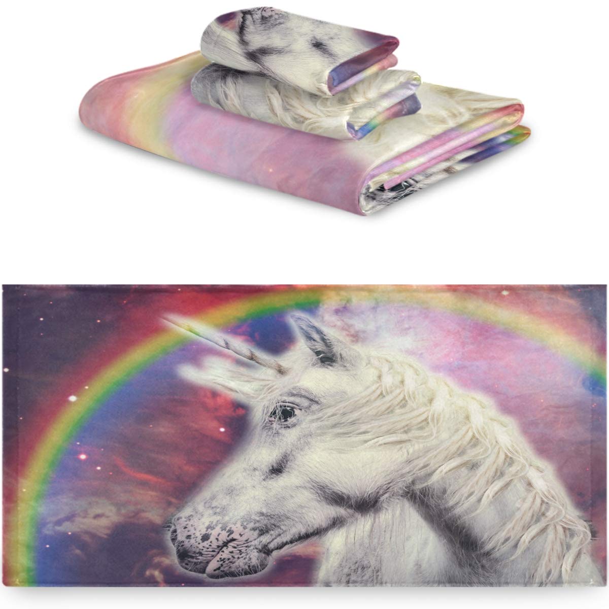 CaTaKu 3-Piece Rainbow Galaxy Unicorn Bath Towel Set - Soft & Absorbent Bath, Hand & Washcloth Towels for Home, Spa, Gym & Travel - Perfect for Bathroom, Pool & Beach Use