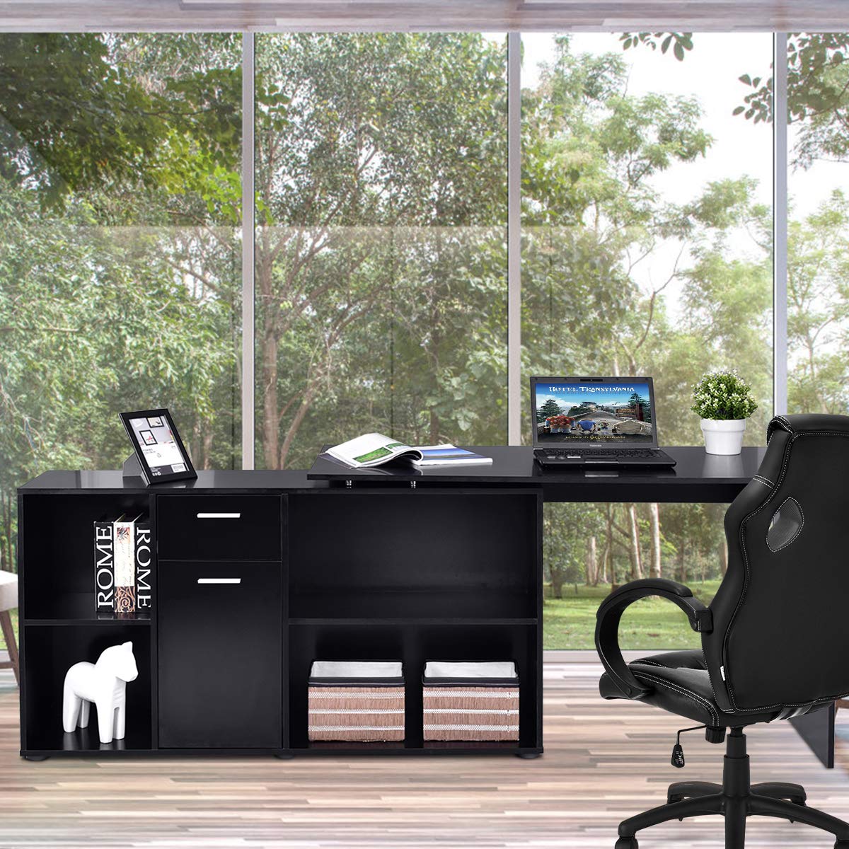 Tangkula Rotating L-Shaped Desk - Large Wooden Computer Desk for Home Office with Storage Shelves | Perfect for Small Spaces, Gaming & Study Setup