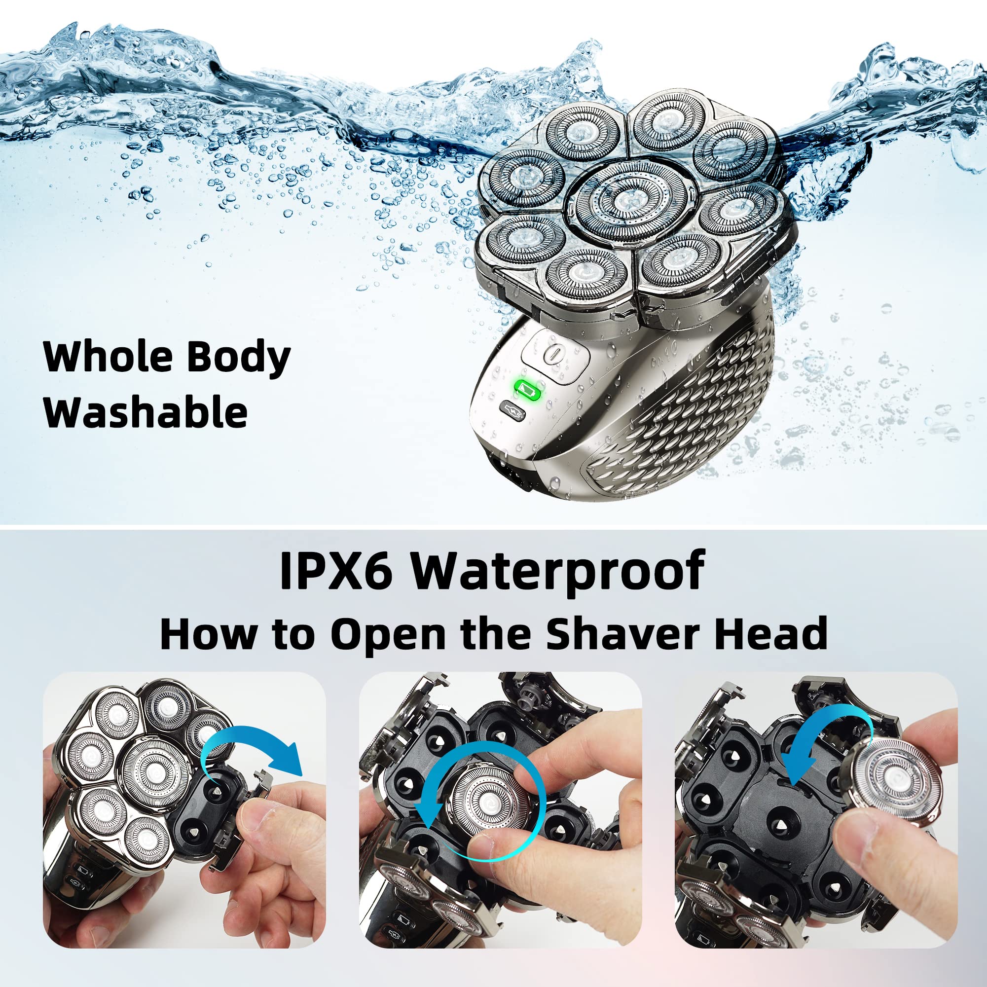 IPX6 Waterproof Electric Shavers for Men - Cordless Rechargeable Wet & Dry Rotary Razor with Beard Trimmer & Nose Hair Clipper | Perfect for Travel, Gym & Daily Grooming