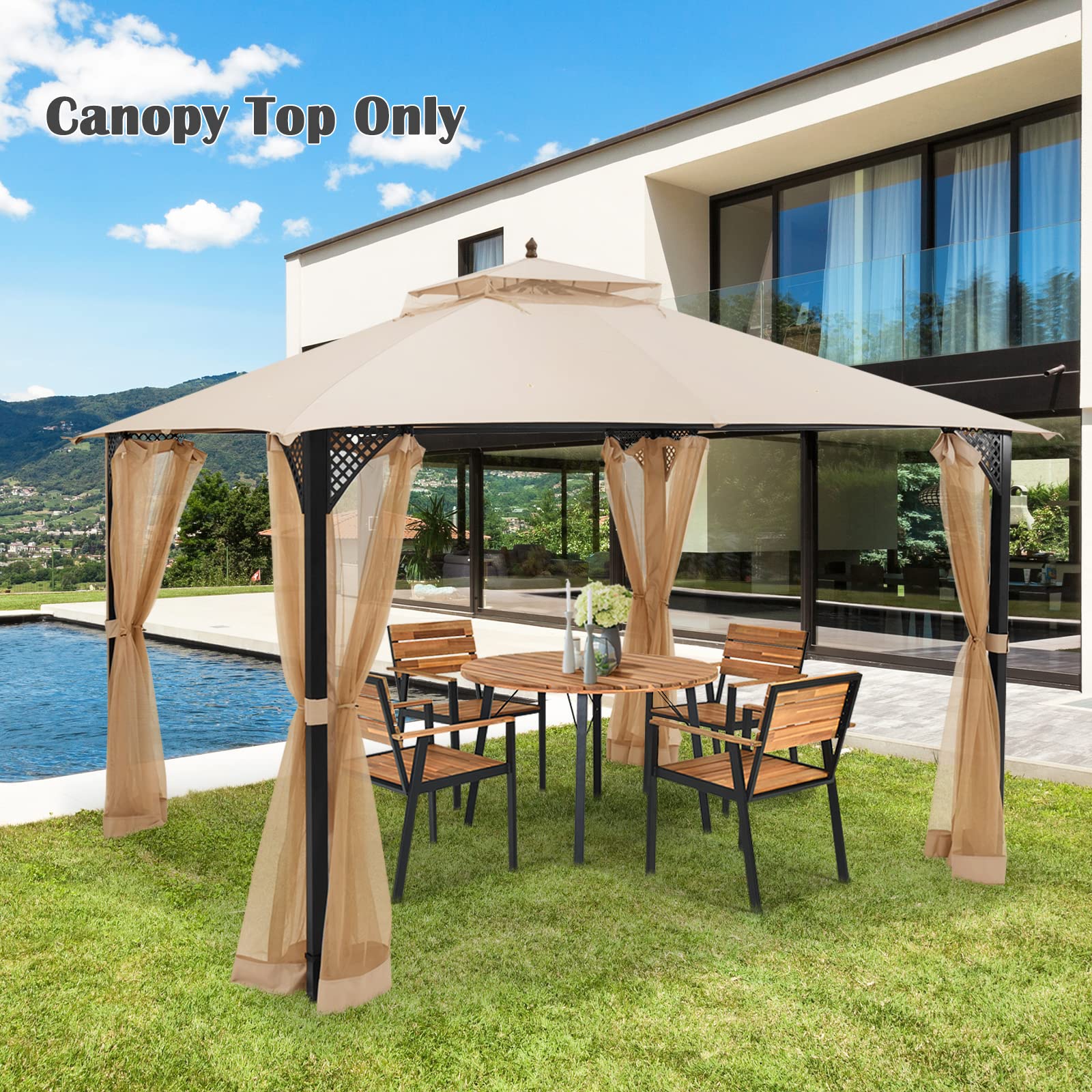 Tangkula 10x12 Ft Gazebo Replacement Canopy Top - Double Tier Outdoor Canopy Roof with Air Vent & Drainage Holes - CPAI-84 Waterproof Patio Cover for Garden, Backyard, Deck - Perfect for Outdoor Dining, BBQ Parties & Sun Protection (Beige)