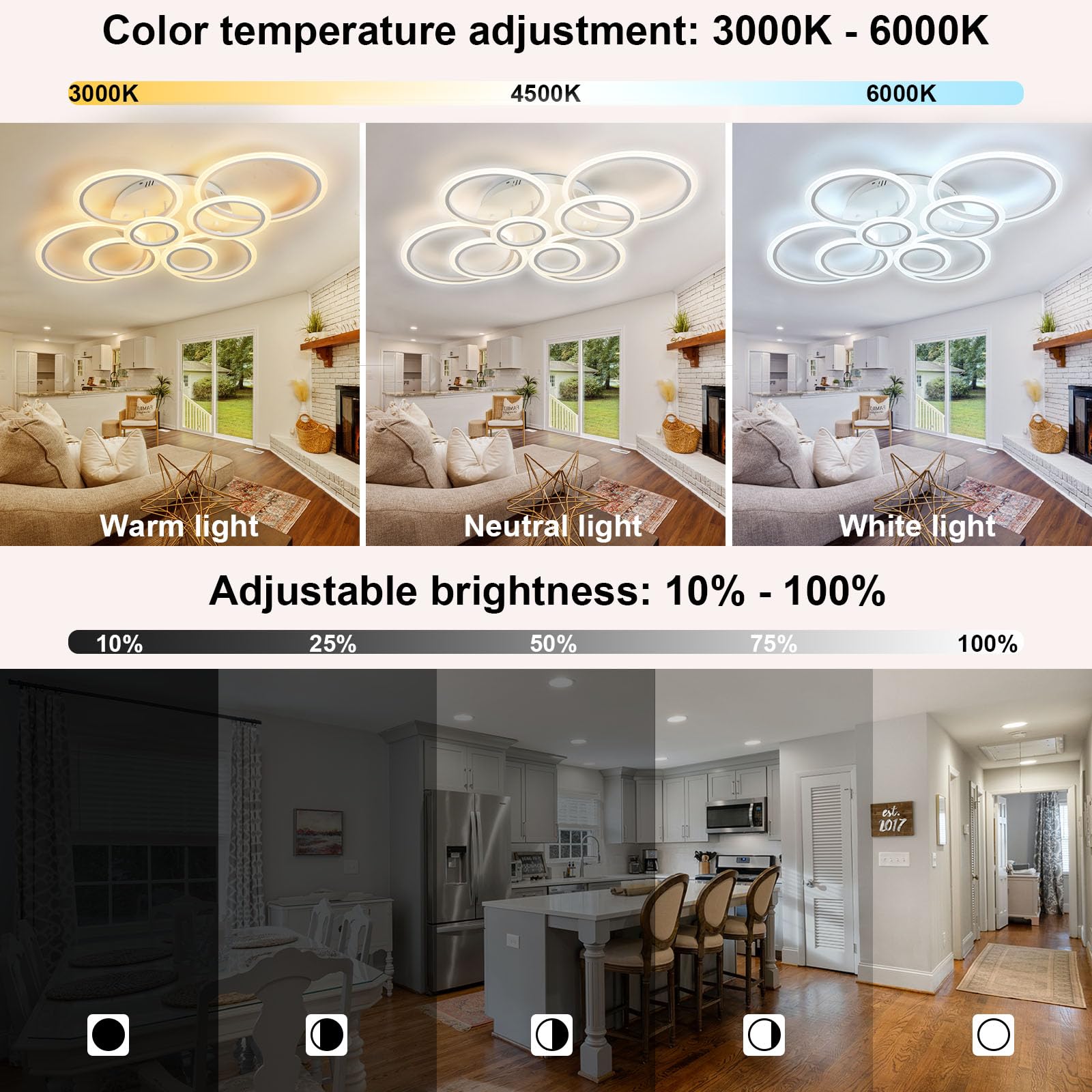 41 Inch Modern LED Flush Mount Ceiling Light - Dimmable 8 Ring White Fixture with Remote Control for Living Room, Bedroom, Kitchen & Dining Room | Perfect for Ambient Lighting and Home Decor