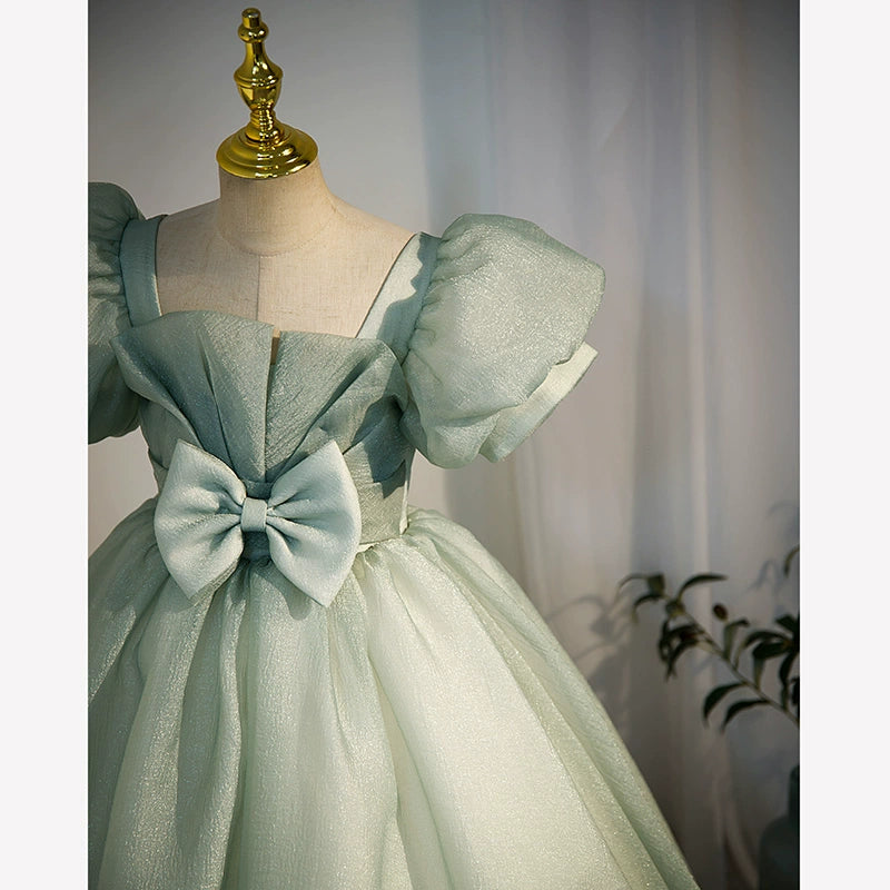 Sage Green Princess Square Neck Floor Length Tulle Flower Girl Dress - Perfect for Weddings, Pageants & Special Occasions