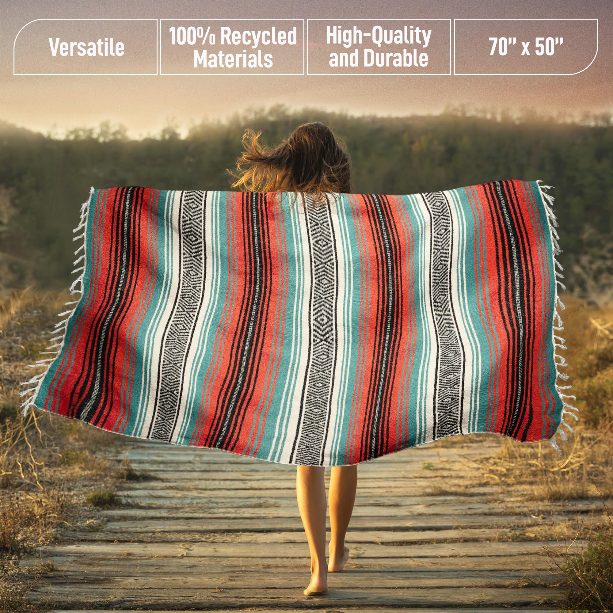 Authentic Large Handwoven Mexican Blanket - Soft & Durable Serape Yoga Blanket 70
