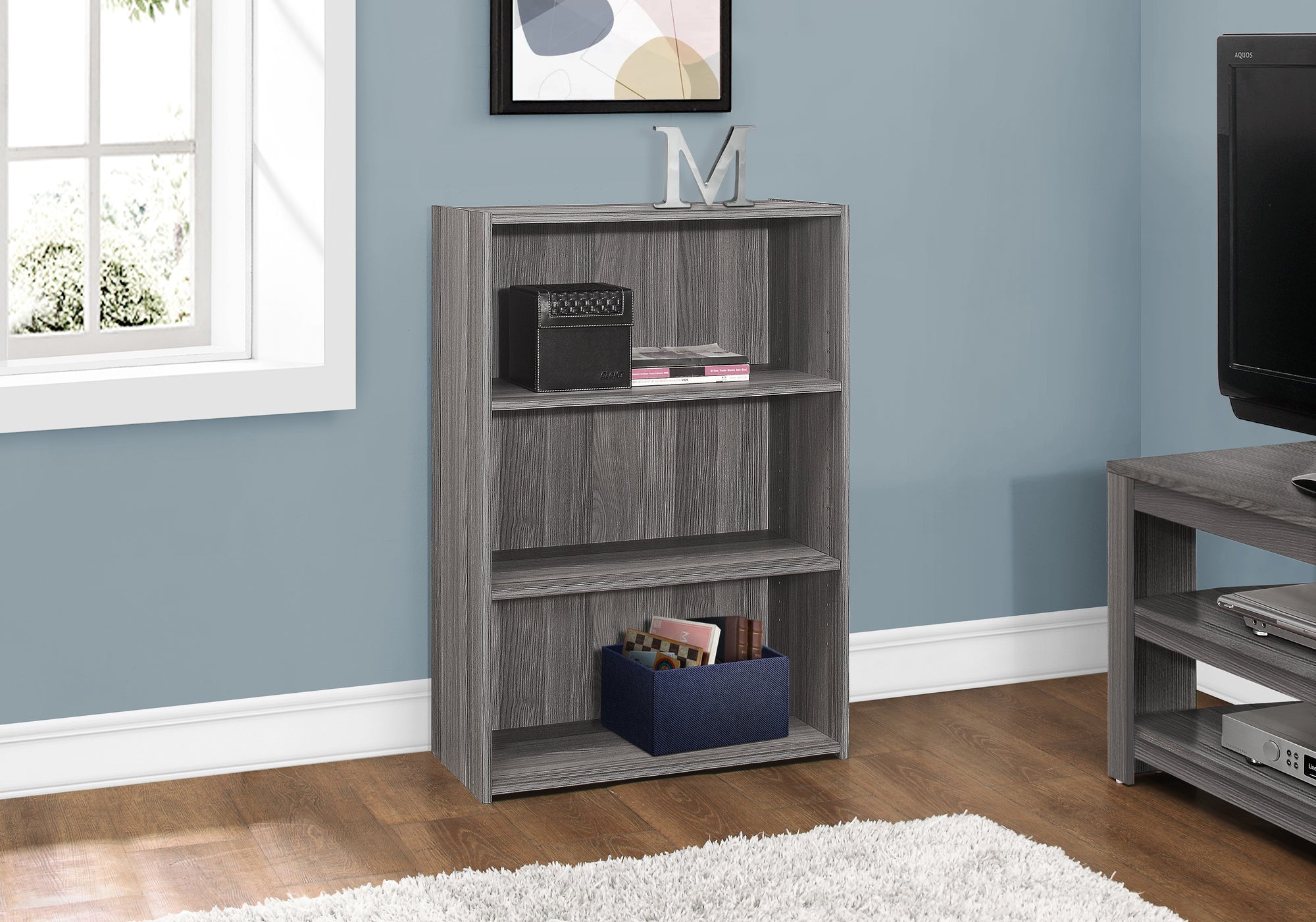 36 Inch Tall Grey Bookcase with 3 Shelves - Modern Storage Solution for Living Room, Office or Bedroom Organization