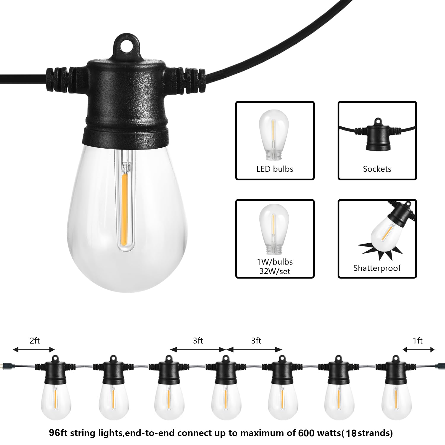 SUNTHIN 96FT Outdoor String Lights with 32 LED Shatterproof Bulbs - Waterproof Patio Lights for Backyard, Deck, Garden, Porch, Bistro & Cafe Decor | Perfect for Parties, Weddings & Outdoor Dining
