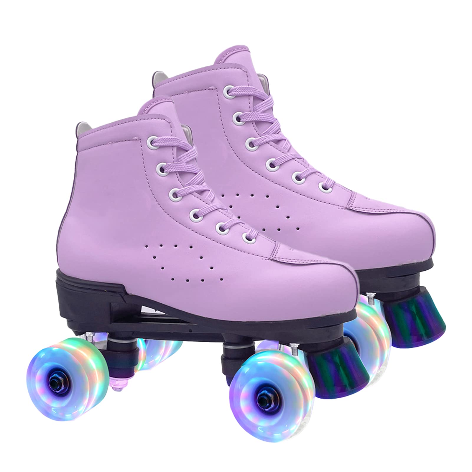 Women's Purple Leather High-Top Roller Skates - Double Row Outdoor Quad Skates with Flash Wheels for Street Skating & Rink Fun