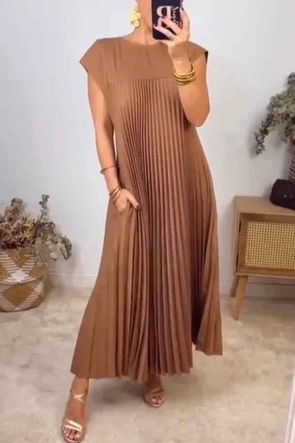 Elegant Solid Color Round Neck Sleeveless Pleated Maxi Dress with Flowy Hem - Perfect for Summer Beach Vacations, Garden Parties & Casual Outings