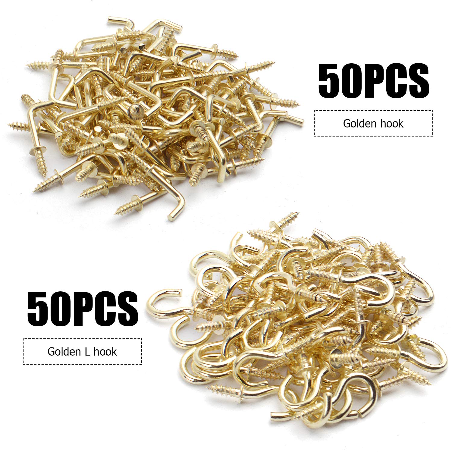 50pcs Gold L Screw Hooks & 50pcs Small Screw Hooks Set - Heavy Duty Shouldered Dresser Hooks & Ceiling Hooks for Hanging Plants, Lights, Decorations - Perfect for Home Organization & DIY Projects