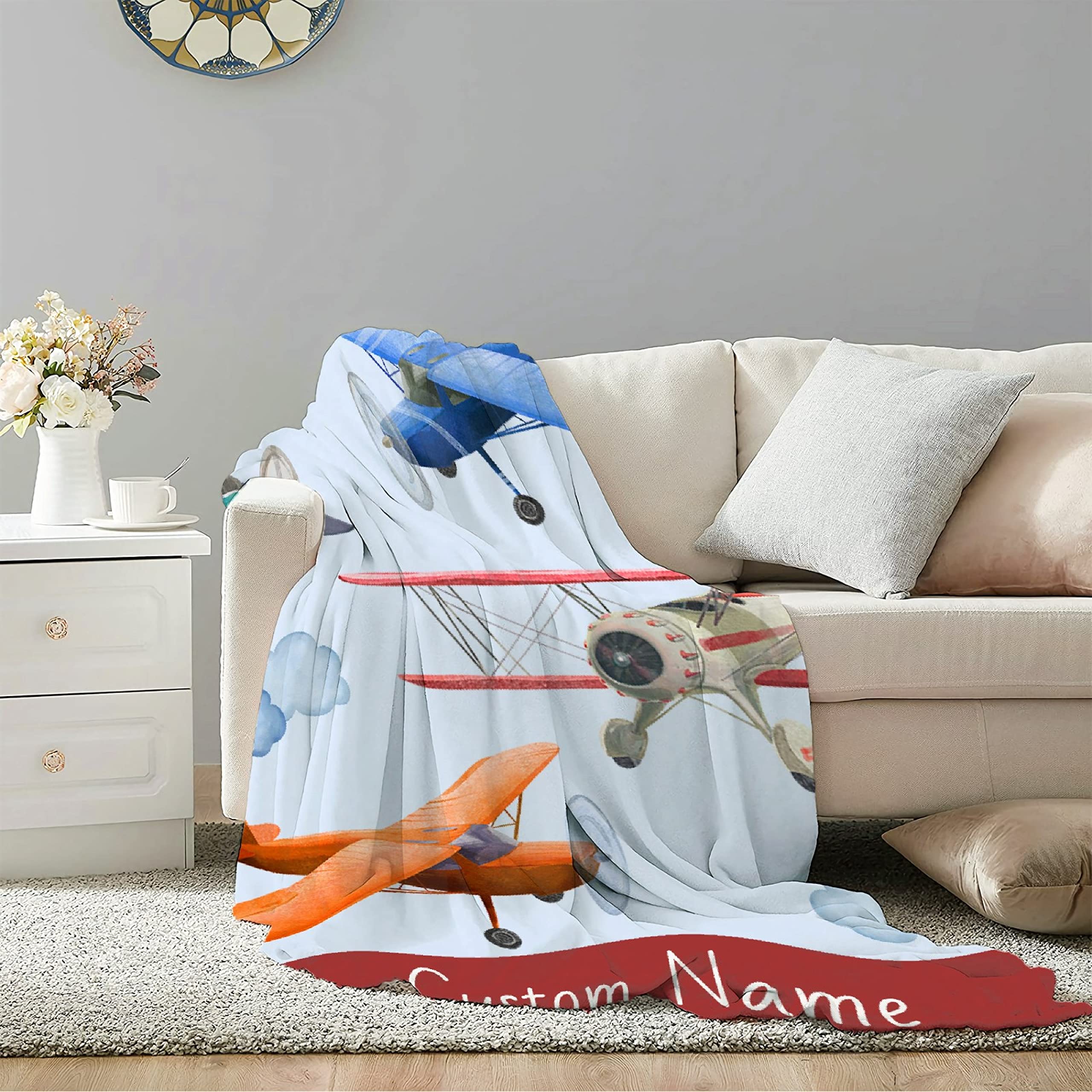 Personalized Airplane Baby Blanket with Name - Custom Fleece Throw Blanket for Boys & Girls (120
